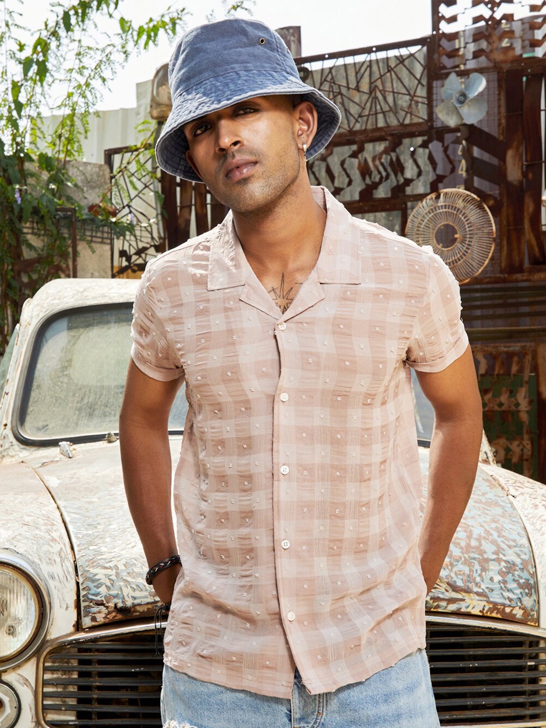 

Campus Sutra Brown Classic Self Design Geometric Printed Casual Shirt