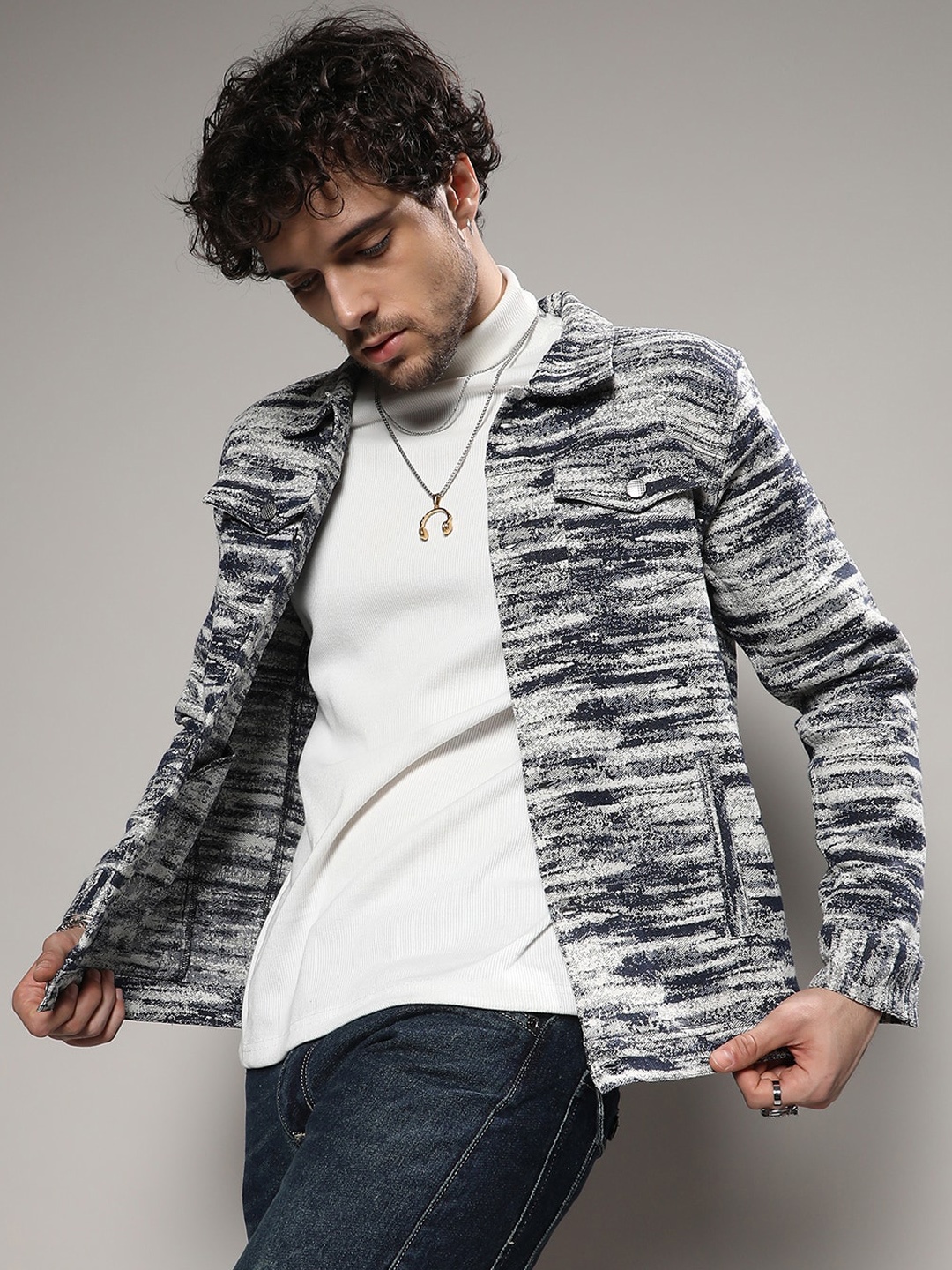 

Campus Sutra Abstract Printed Spread Collar Windcheater Cotton Tailored Jacket, Navy blue