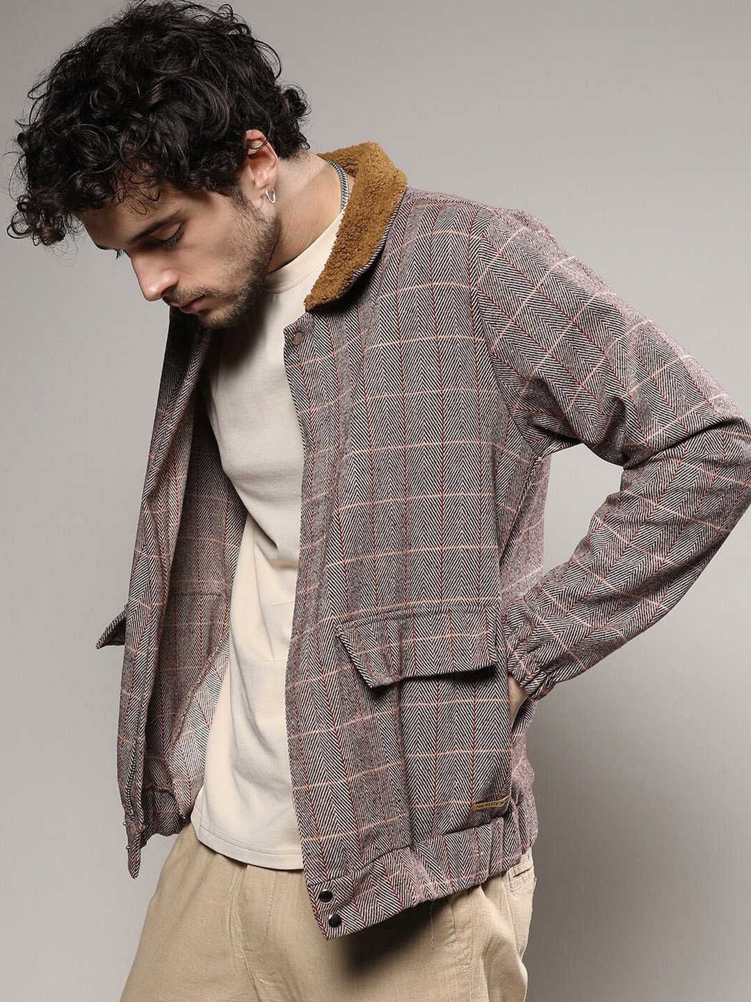 

Campus Sutra Brown & Beige Checked Windcheater Cotton Bomber Jacket