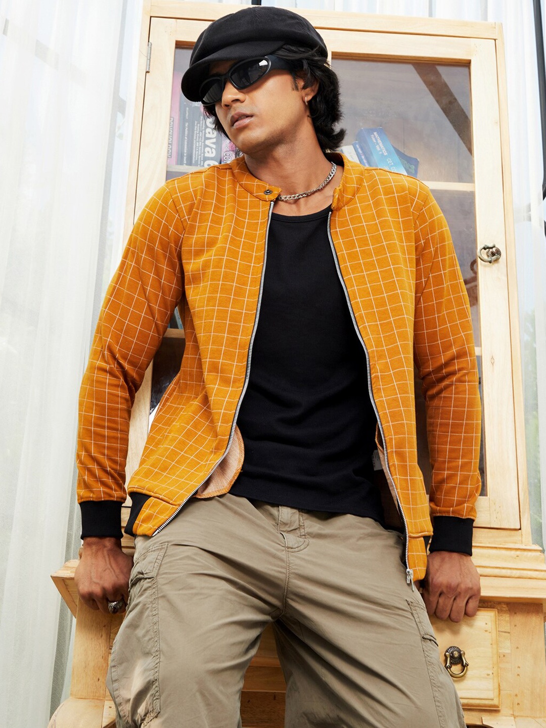 

Campus Sutra Mustard Yellow Checked Windcheater Cotton Bomber Jacket