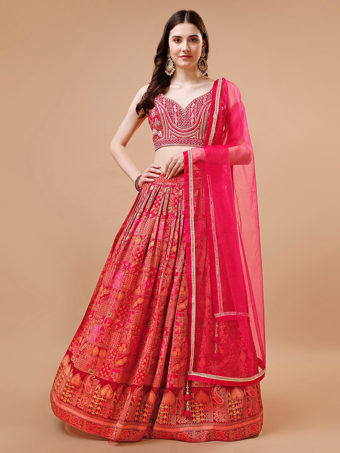 

JUST FASHION Embellished Beads & Stones Ready to Wear Lehenga & Blouse With Dupatta, Pink