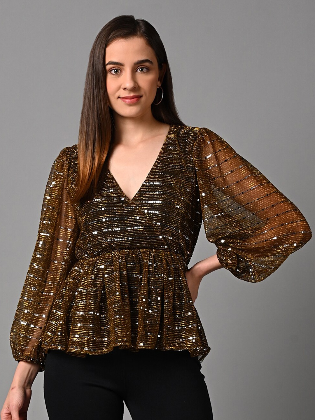 

Justin Whyte Embellished V-Neck Puff Sleeves Chiffon Top, Copper