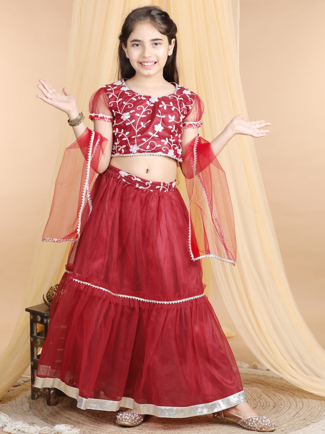 

Cutiekins Girls Embroidered Gotta Patti Ready to Wear Lehenga Choli, Maroon