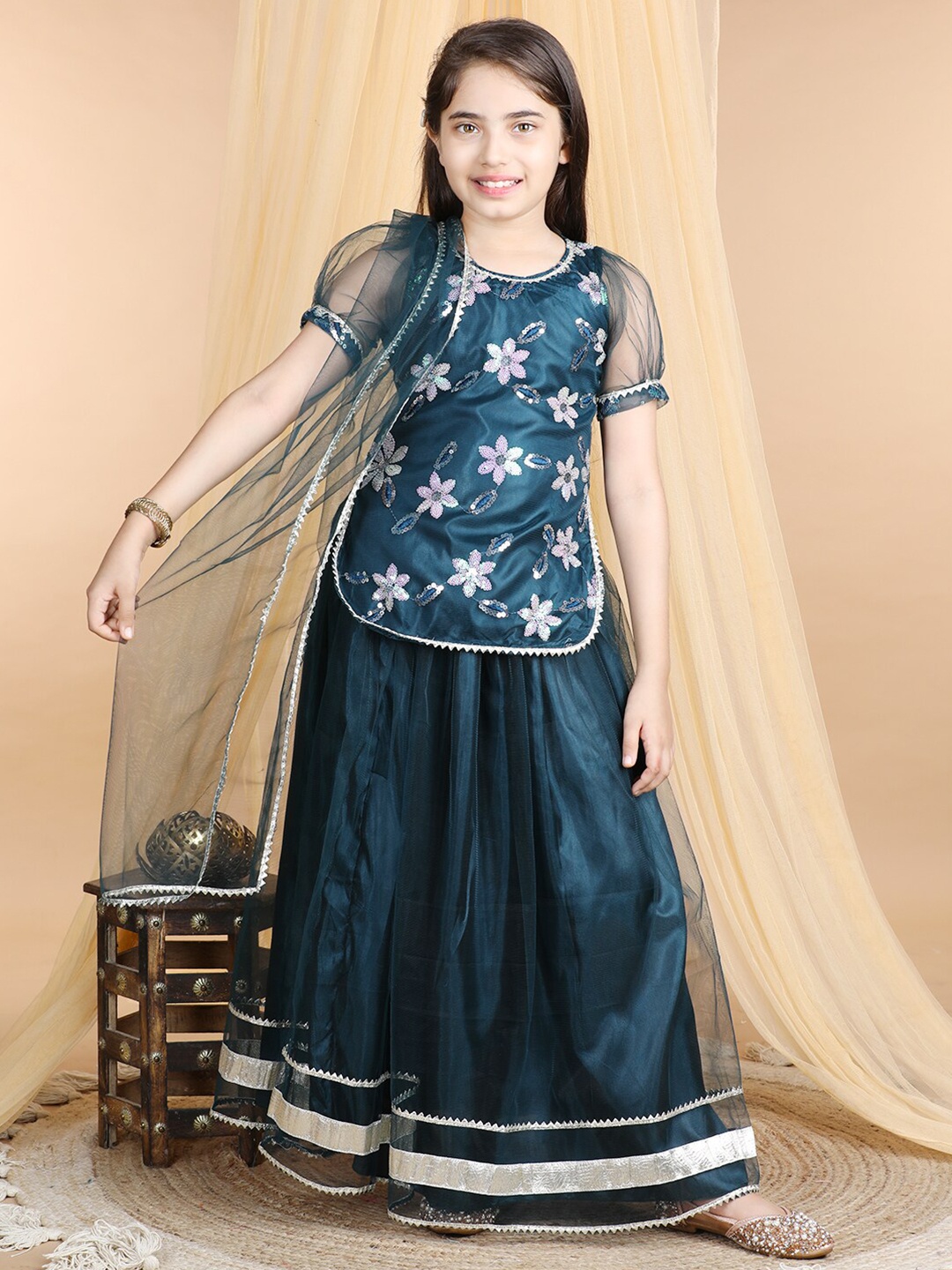 

Cutiekins Girls Sequinned Embroidered Ready To Wear Lehenga Choli & Dupatta, Teal