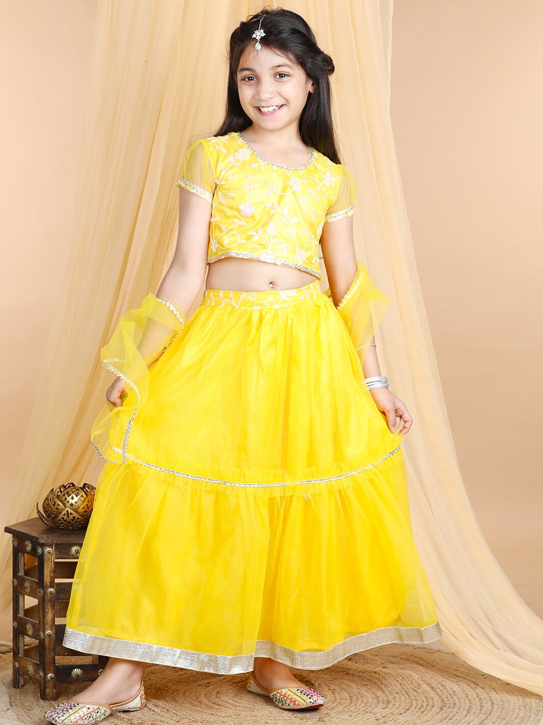 

Cutiekins Girls Floral Embroidered Gotta Patti Ready to Wear Lehenga Choli, Yellow