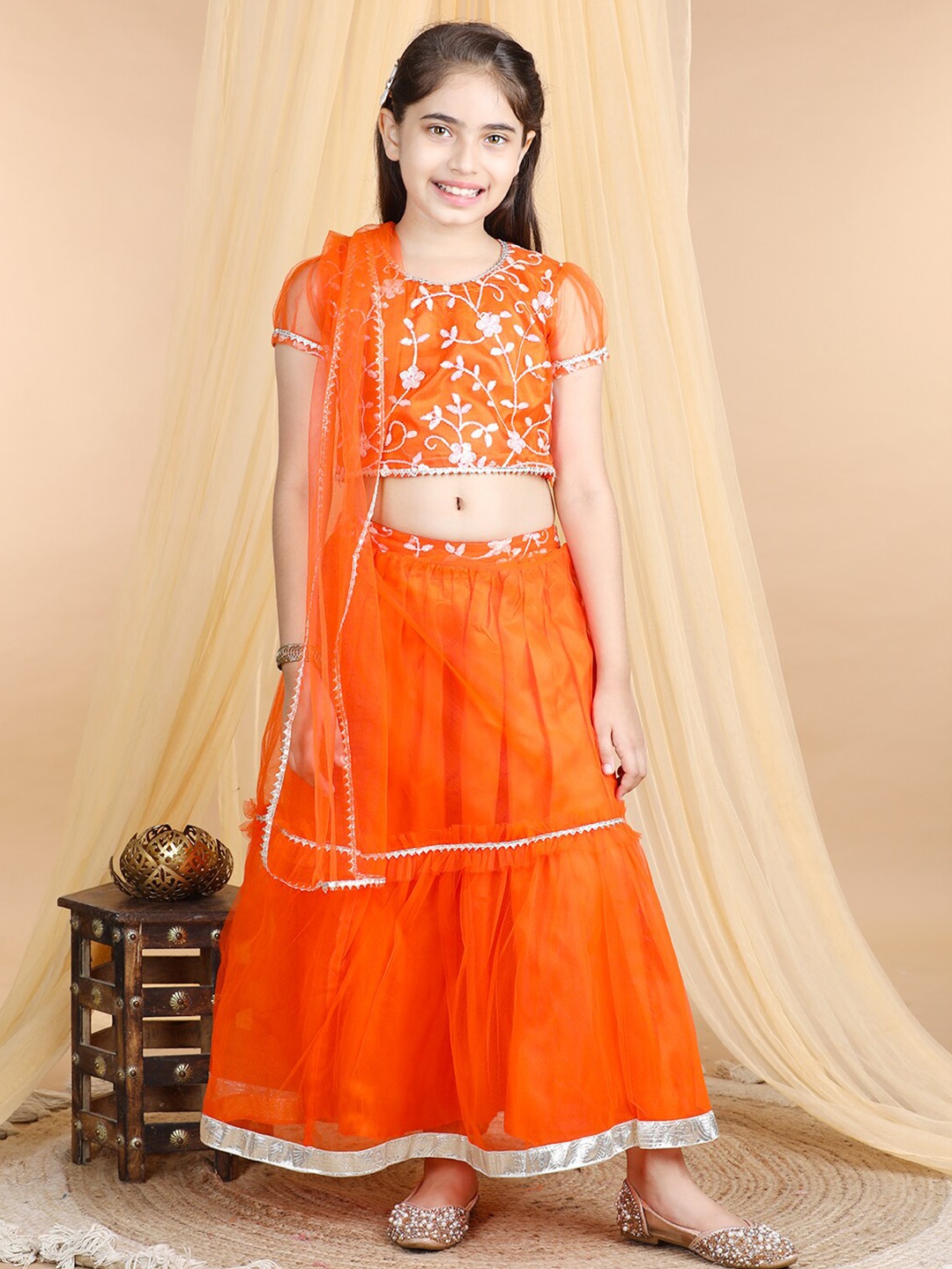

Cutiekins Girls Floral Embroidered Gotta Patti Ready to Wear Lehenga Choli, Orange