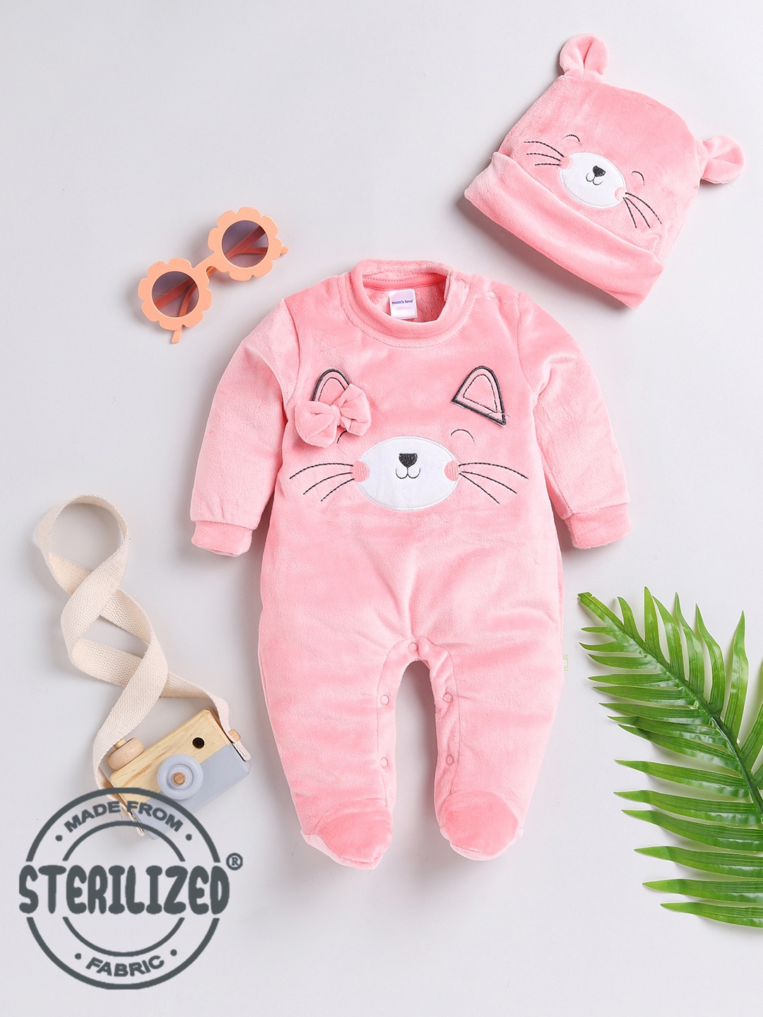 

Moms Love Infant Girls Printed Sleepsuit With Cap, Pink