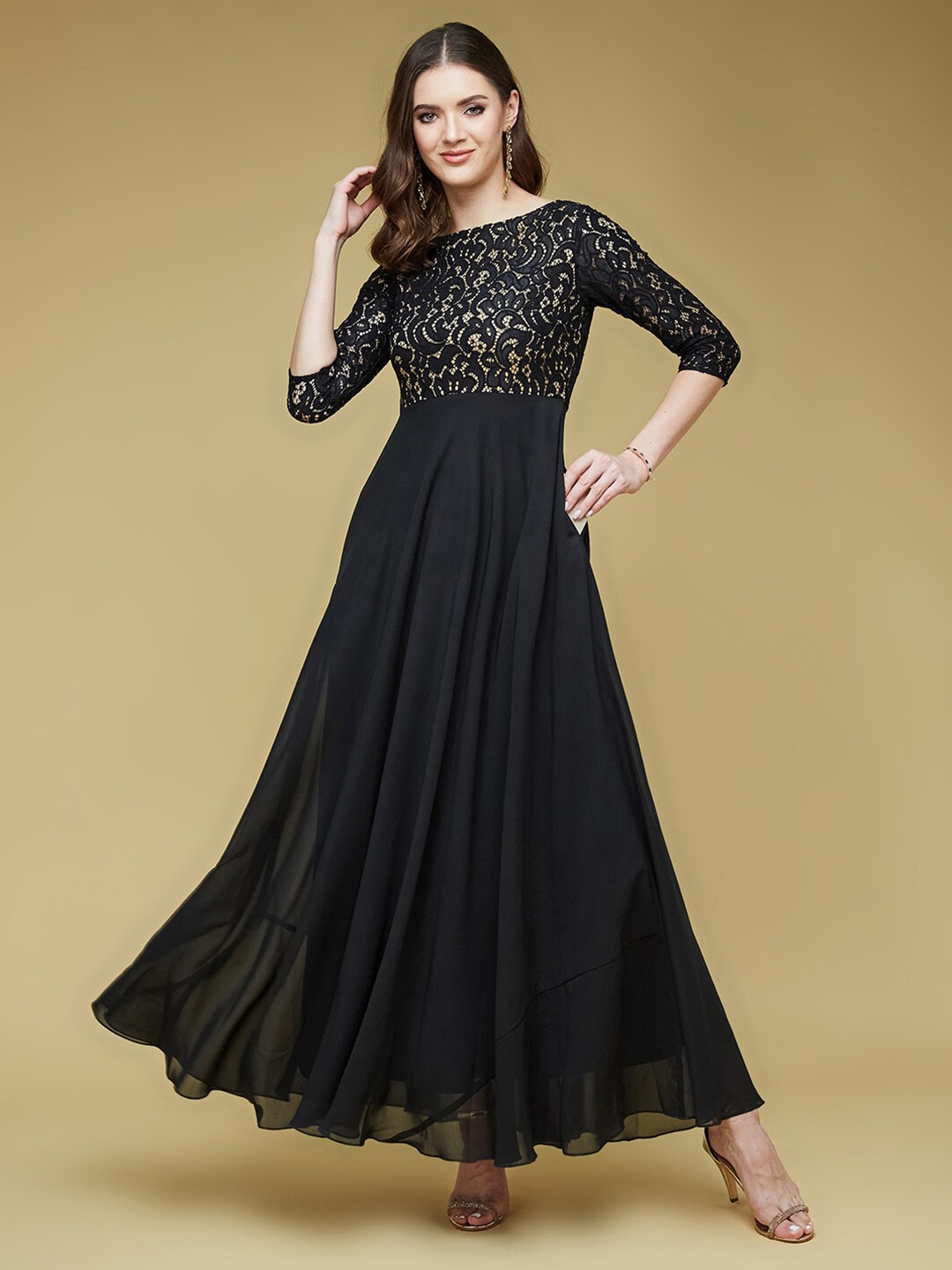 

DressBerry Black Lace Overlaid Georgette Fit & Flare Maxi Dress