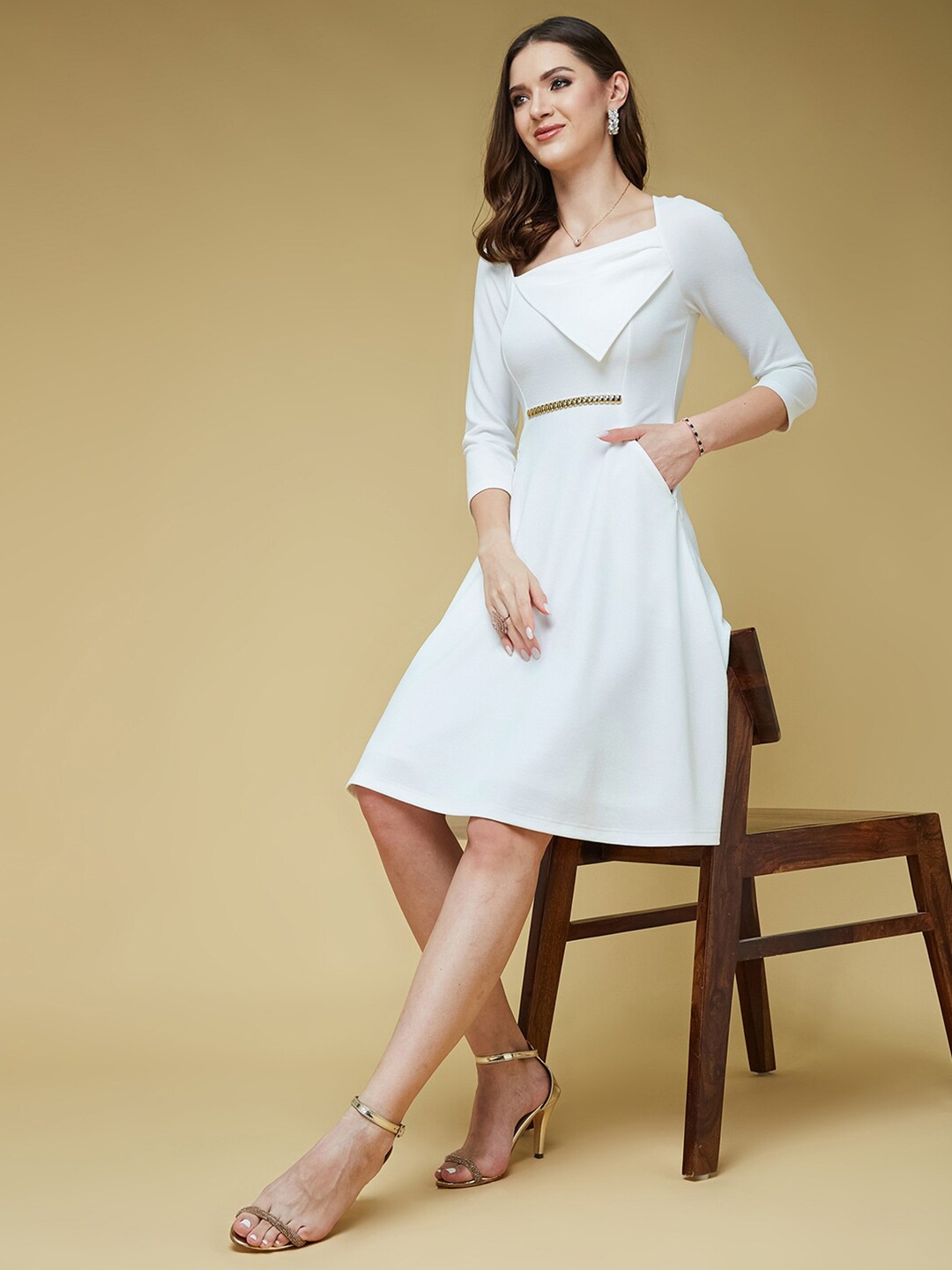 

DressBerry Off White Asymmetric Neck Georgette Fit & Flare Dress