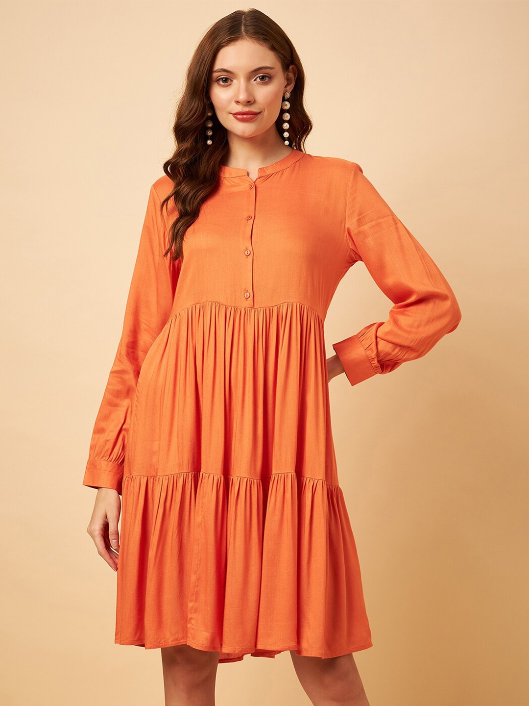 

STYLE BLUSH Mandarin Collar Tiered Gathered Fit and Flare Dress, Orange