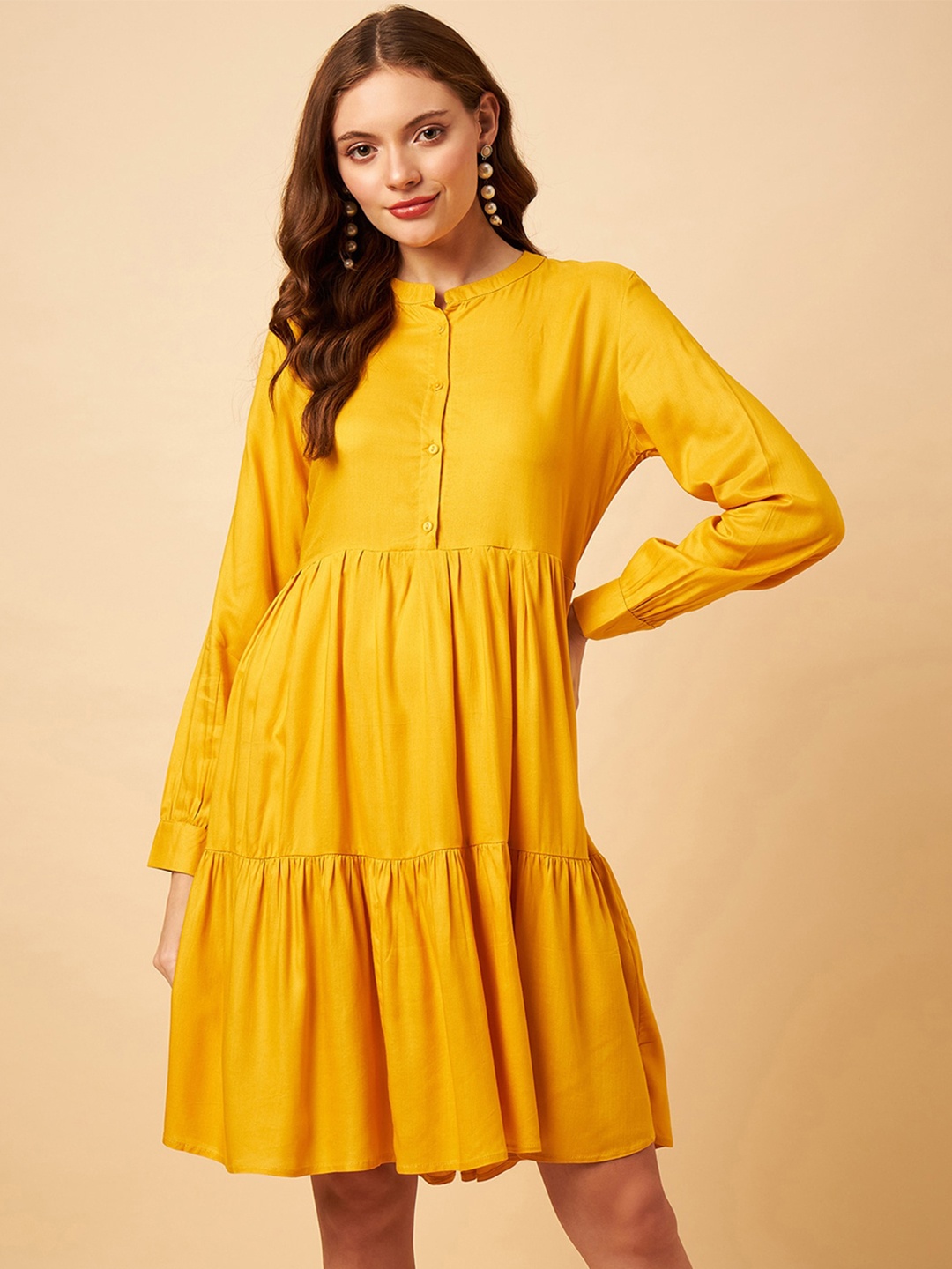 

STYLE BLUSH Mandarin Collar Fit & Flare Midi Dress, Yellow