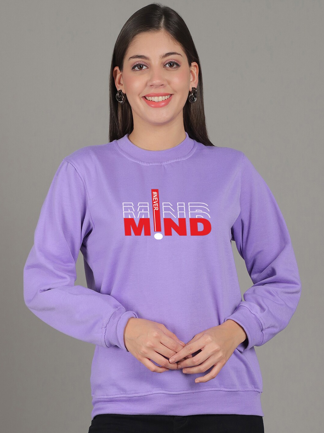 

GRACIT Mind Typography Printed Fleece Pullover Sweatshirt, Purple