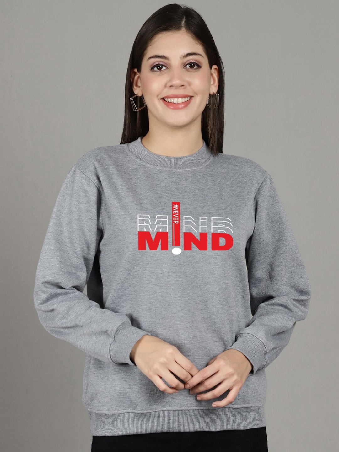 

GRACIT Typography Printed Fleece Pullover, Grey
