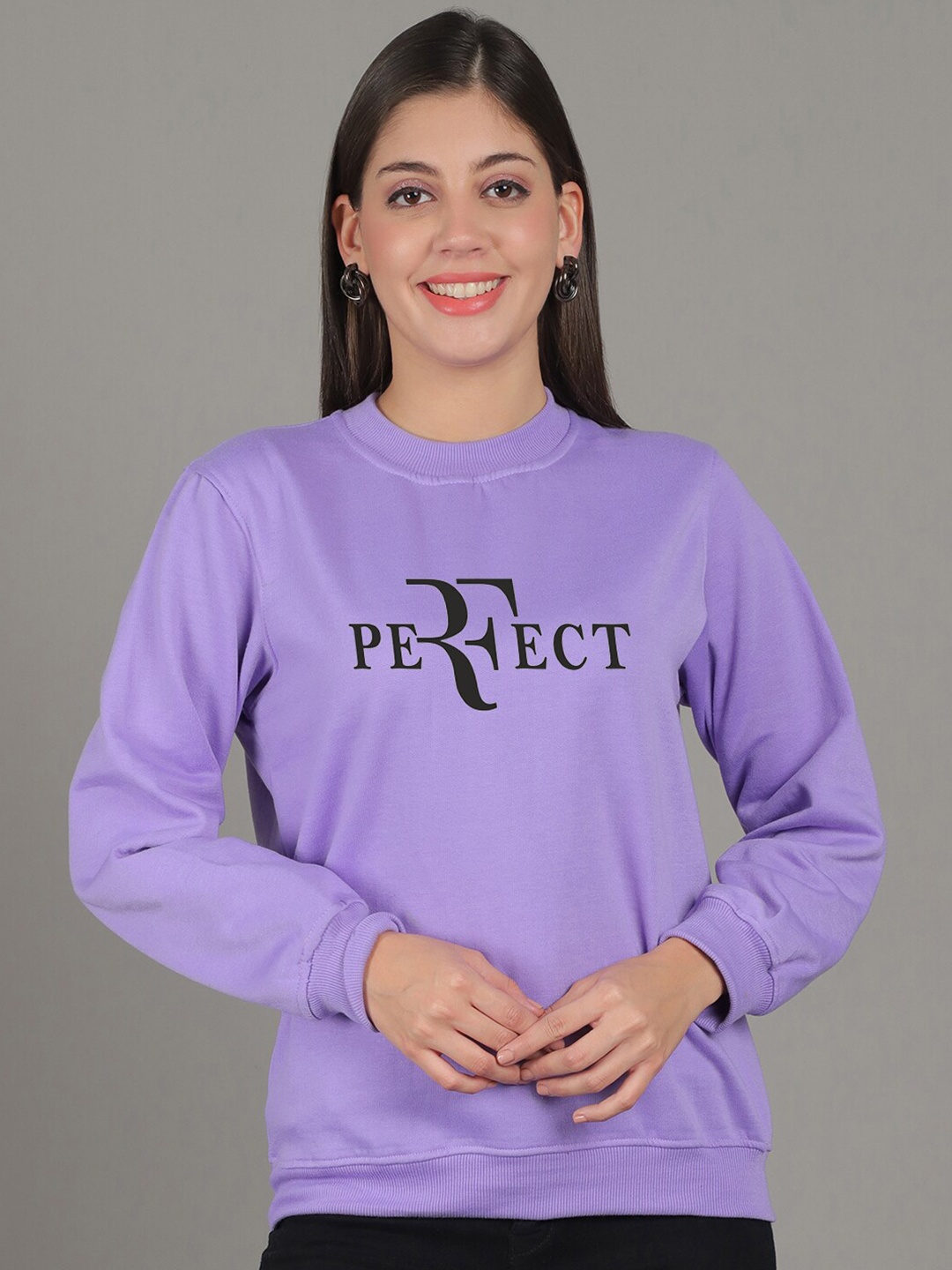 

GRACIT Typography Printed Fleece Pullover, Purple