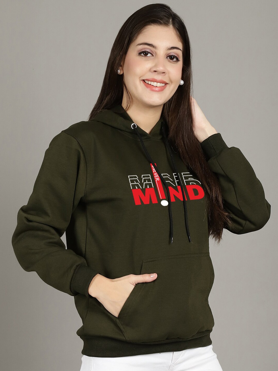 

GRACIT Typography Printed Hooded Fleece Sweatshirt, Olive