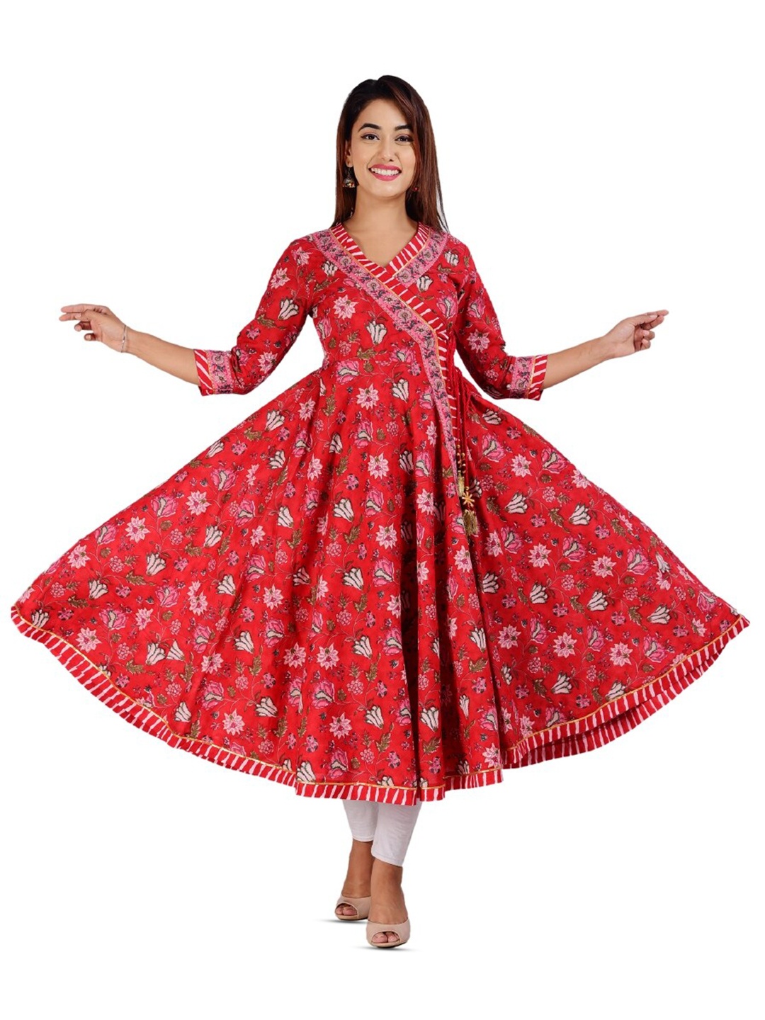 

COTLAND FASHION Floral Printed V-Neck Angrakha Front-Open Cotton Kurta, Red