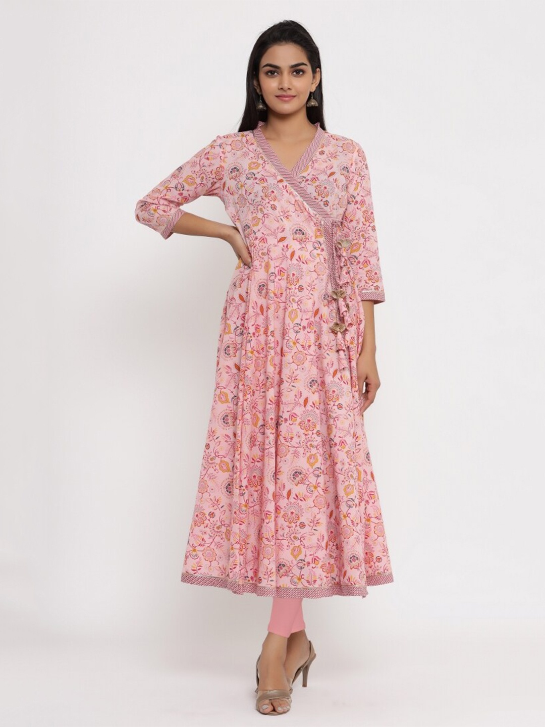 

COTLAND FASHION Floral Printed V-Neck Angrakha Front-Open Cotton Kurta, Pink