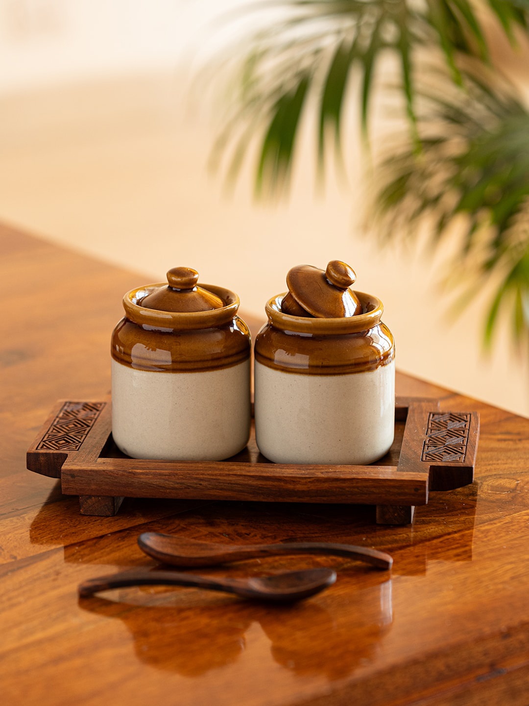 

ExclusiveLane Coffee Brown Ceramic Chutney & Pickle Jar Set With Wooden Spoons & Tray