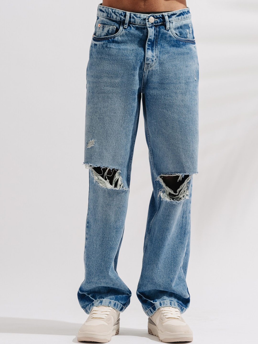 

FREAKINS Men Slash Knee Straight Fit High-Rise Heavy Fade Pure Cotton Jeans, Blue