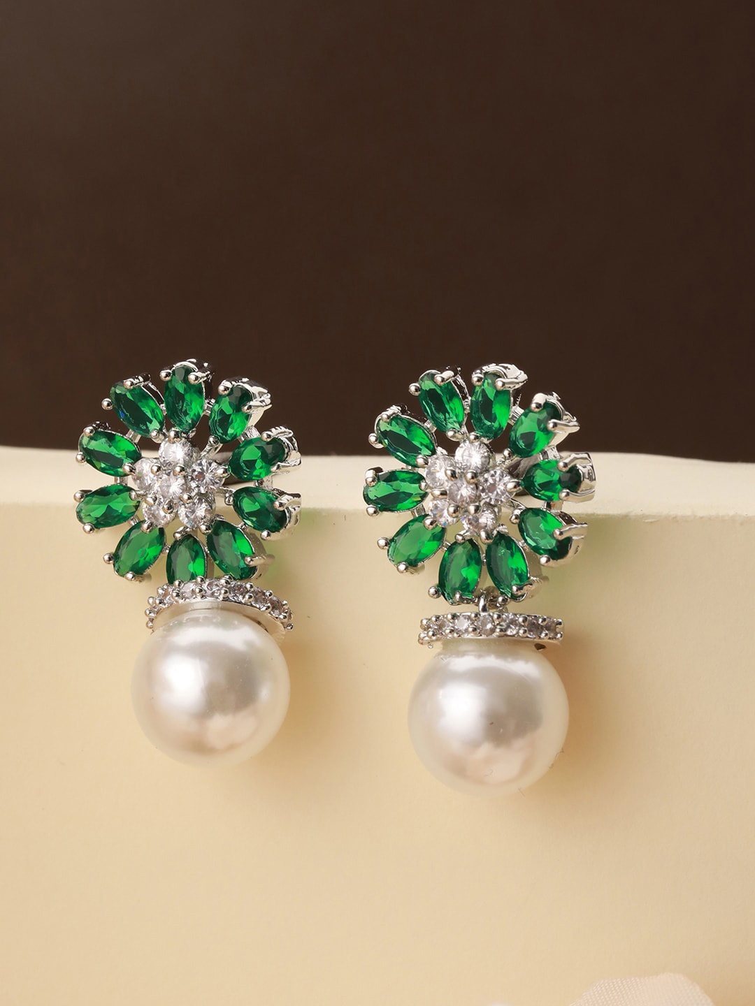 

Saraf RS Jewellery Silver Plated American Diamond Floral Drop Earrings