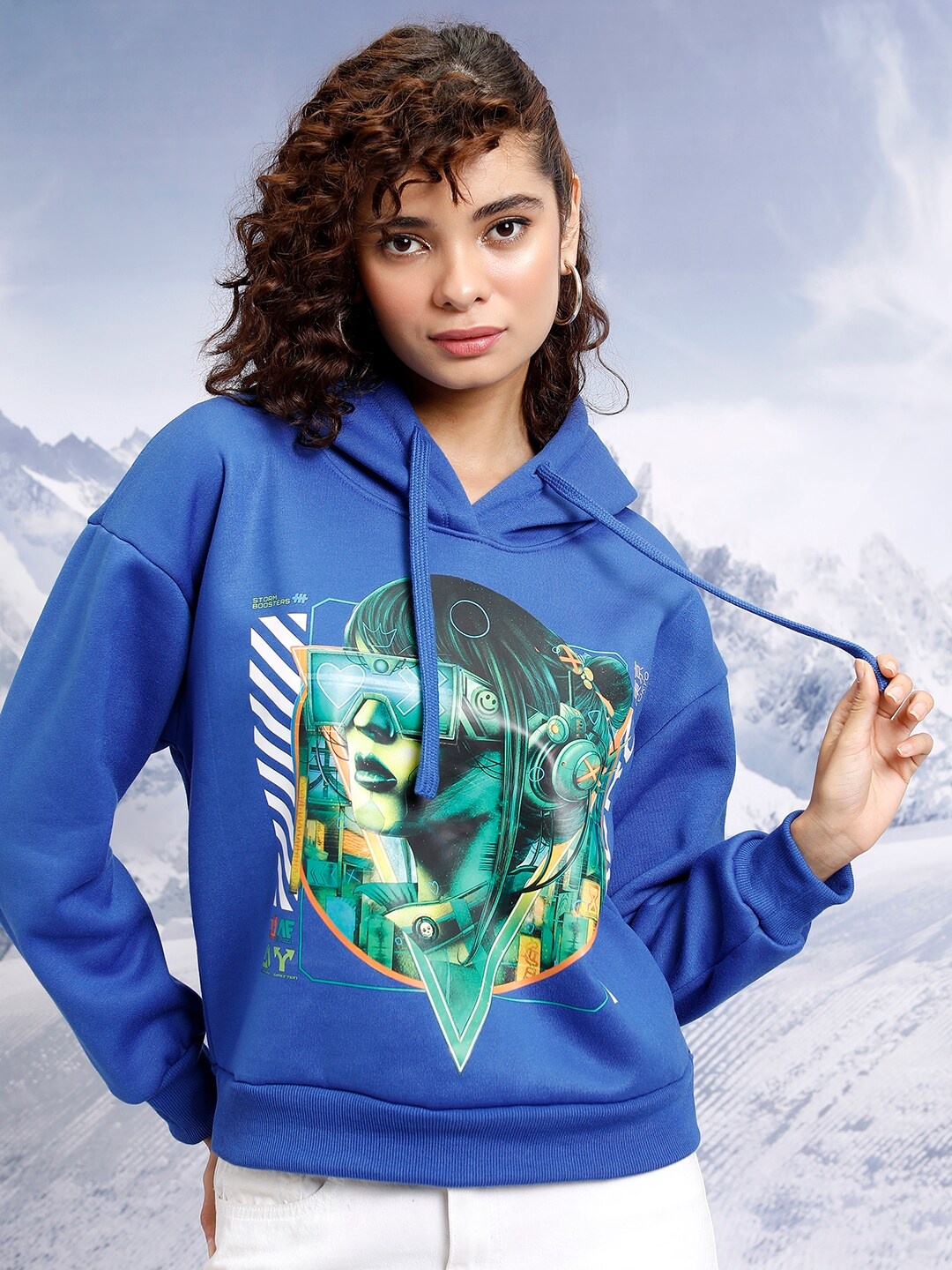 

Tokyo Talkies Blue Printed Hooded Pullover Sweatshirt