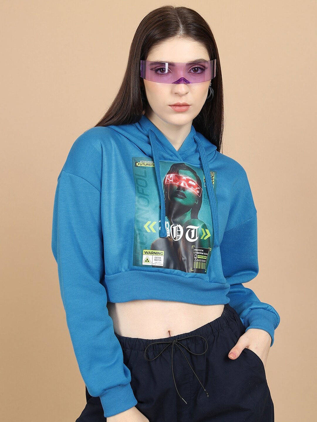 

Tokyo Talkies Blue Printed Hooded Crop Pullover Sweatshirt