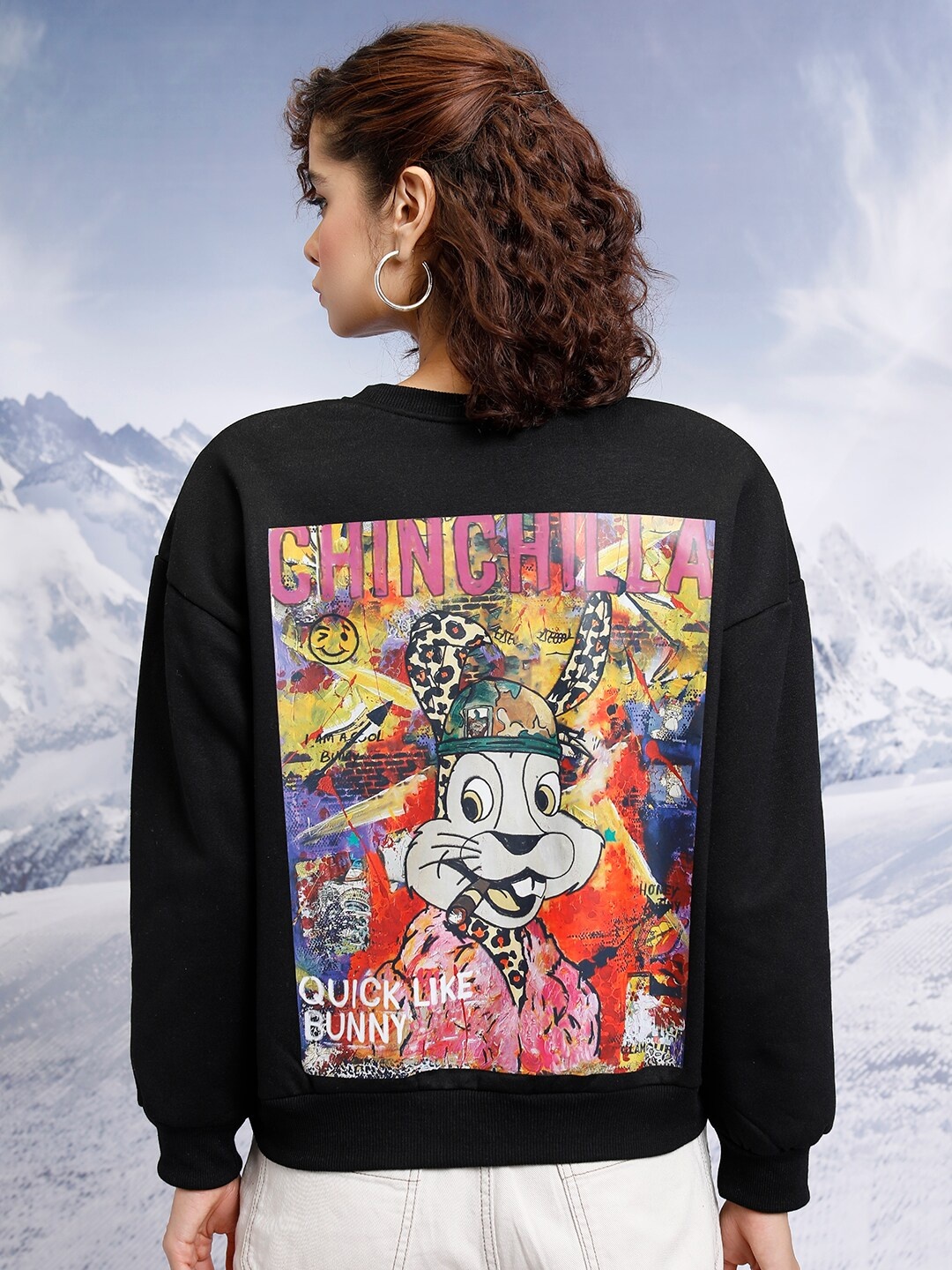 

Tokyo Talkies Graphic Printed Round Neck Oversized Pullover, Black