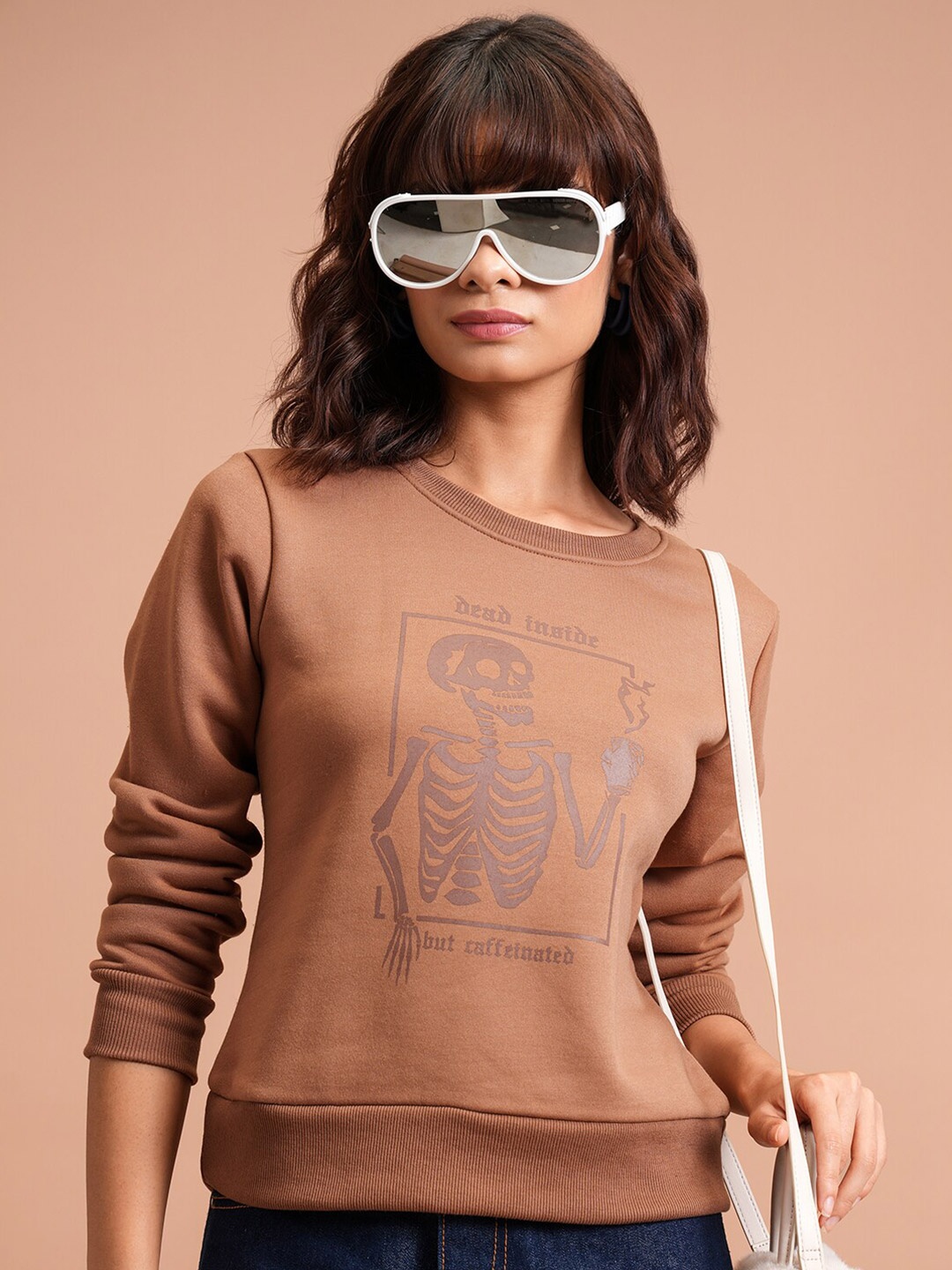 

Tokyo Talkies Trippy Cartoon Printed Round Neck Pullover, Brown