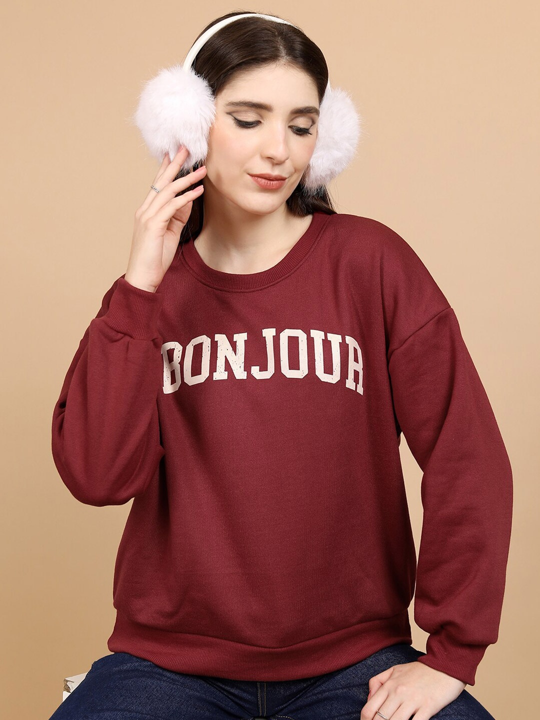 

Tokyo Talkies Typography Printed Round Neck Oversized Pullover, Maroon