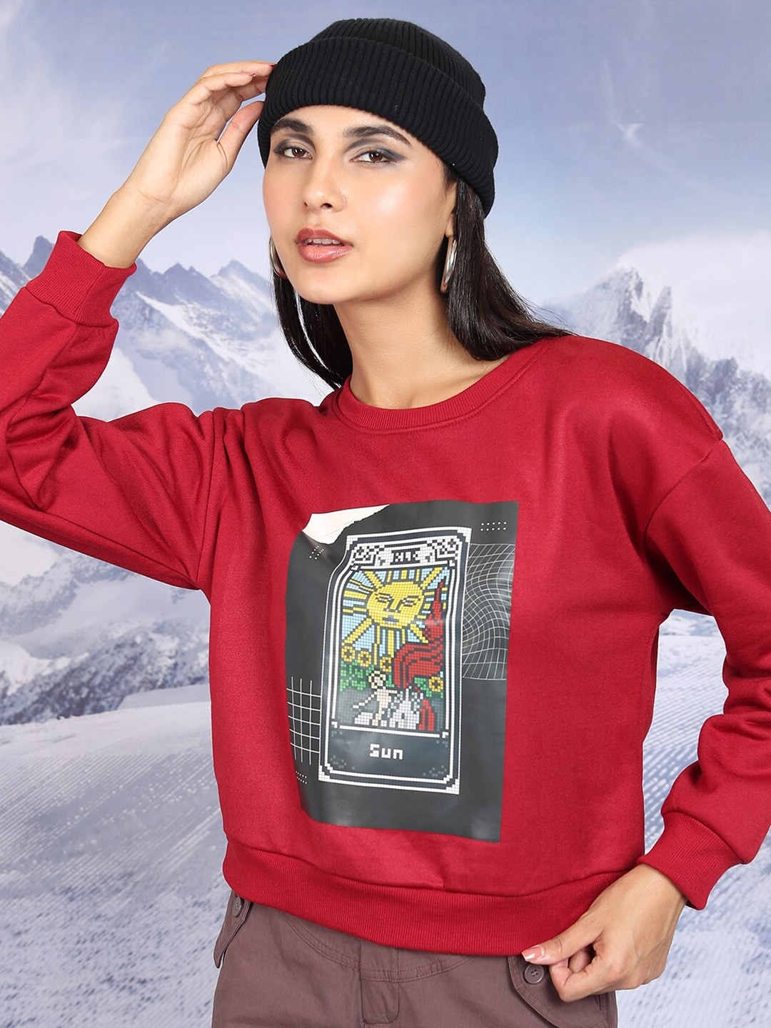 

Tokyo Talkies Graphic Printed Round Neck Pullover, Red