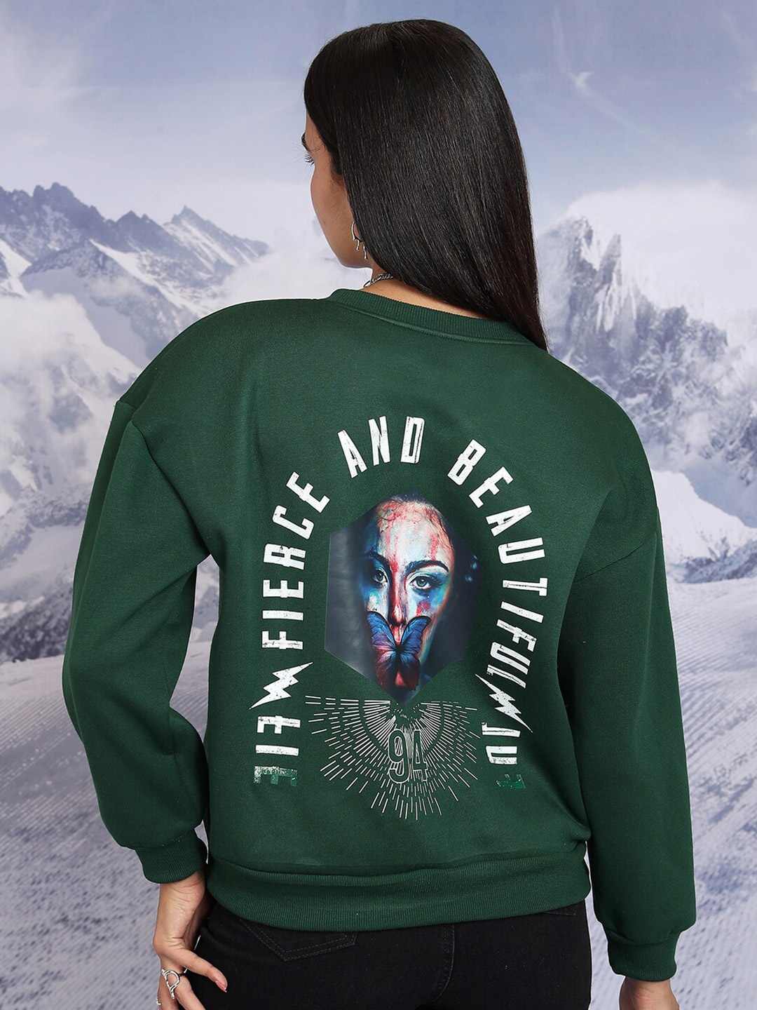 

Tokyo Talkies Graphic Printed Round Neck Oversized Pullover, Green