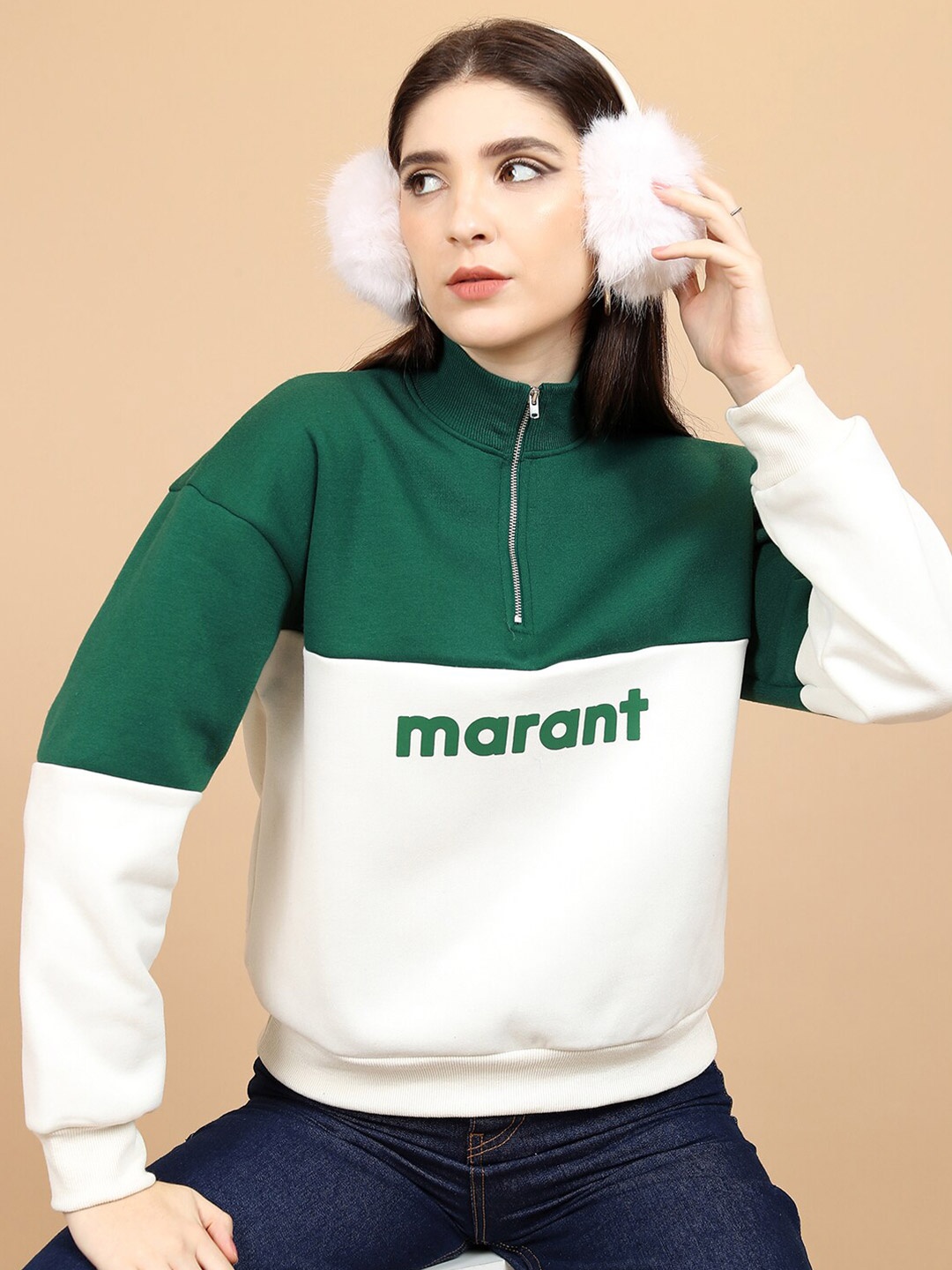 

Tokyo Talkies Green & White Colourblocked High Neck Relaxed Fit Pullover