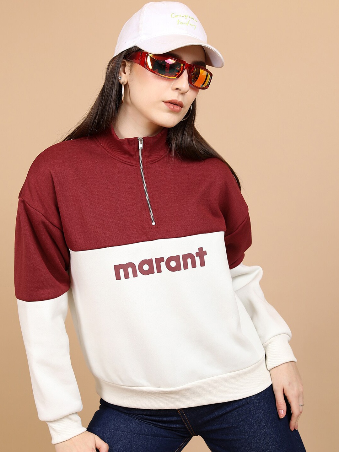 

Tokyo Talkies Red & White Colourblocked High Neck Relaxed Fit Pullover