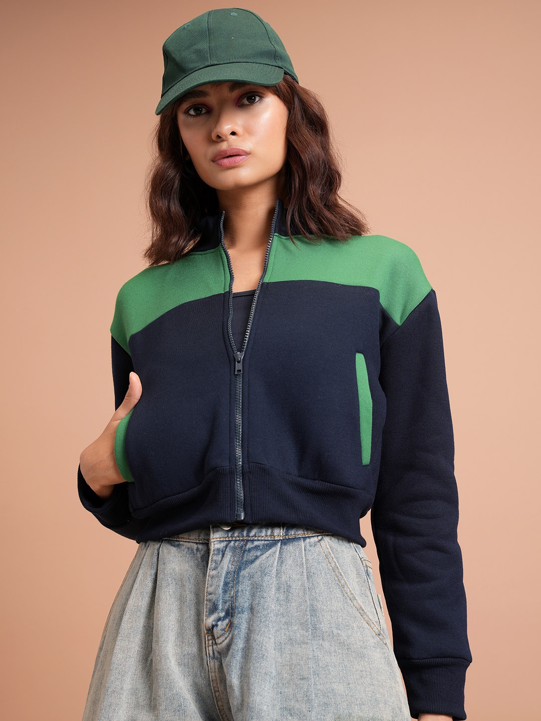Tokyo Talkies Navy Blue Colourblocked Stand Collar Crop Front-Open Sweatshirts