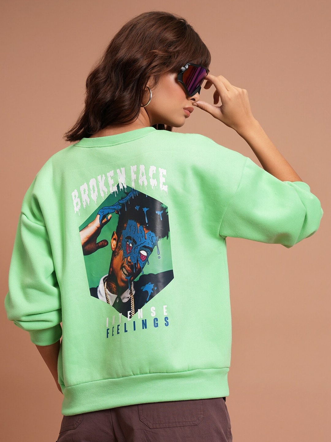 

Tokyo Talkies Green Graphic Printed Oversized Pullover Sweatshirt