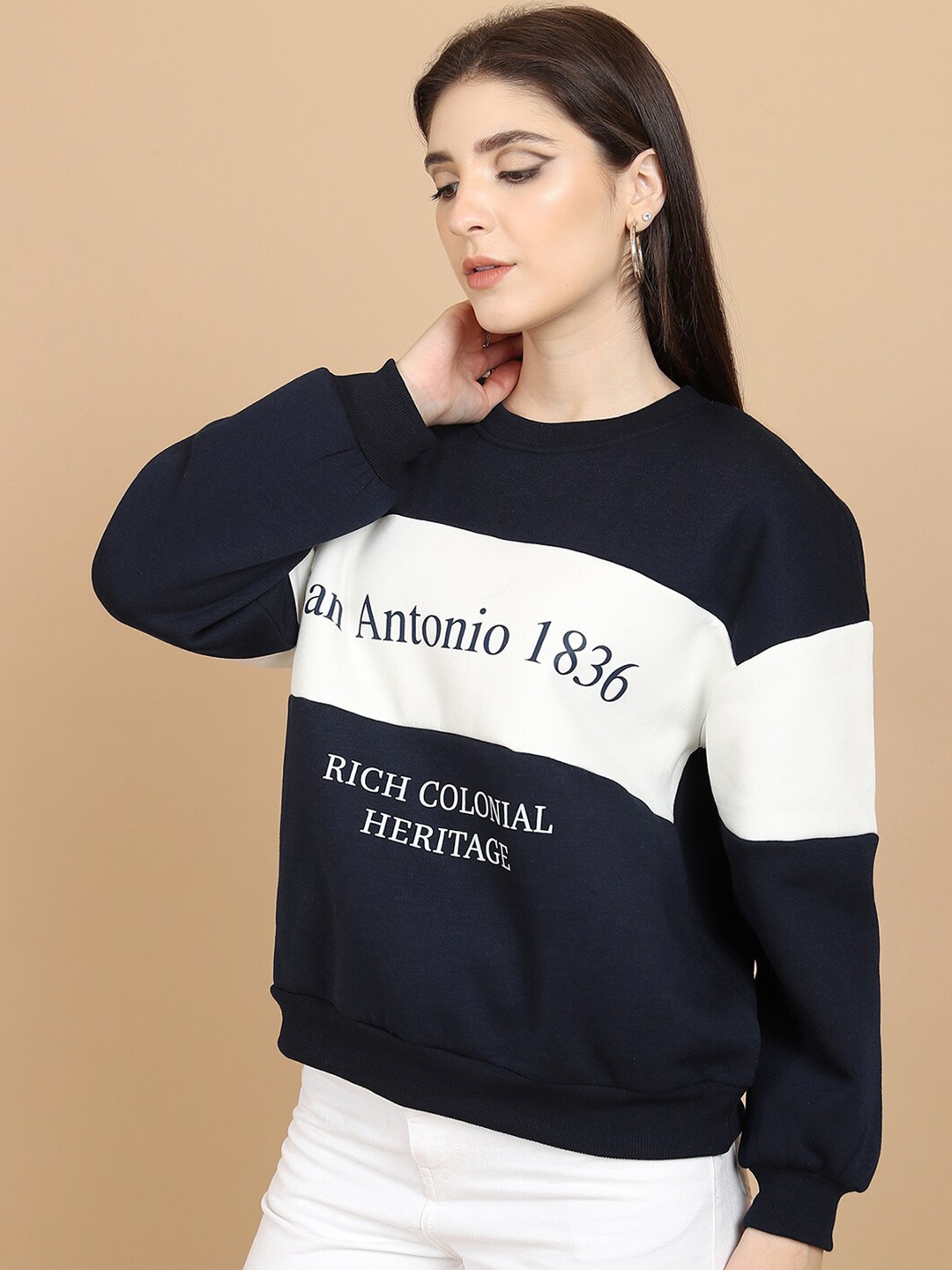 

Tokyo Talkies Navy Blue Striped Oversized Pullover Sweatshirt