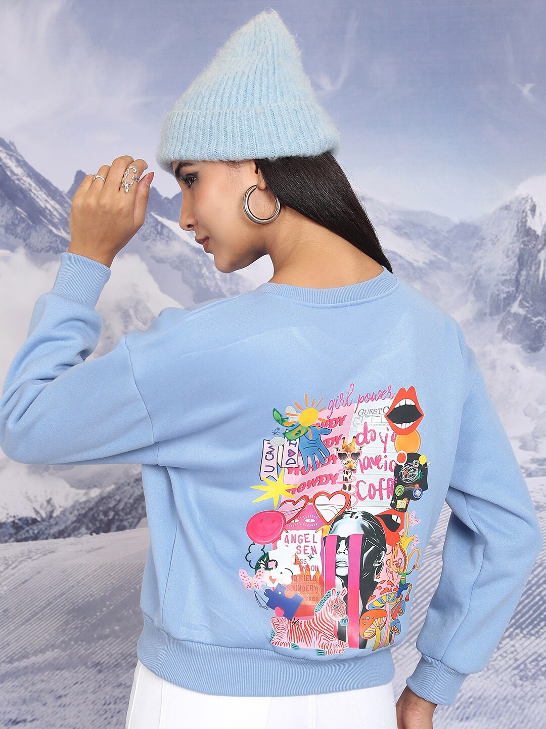 

Tokyo Talkies Blue Graphic Printed Relaxed Fit Pullover Sweatshirt