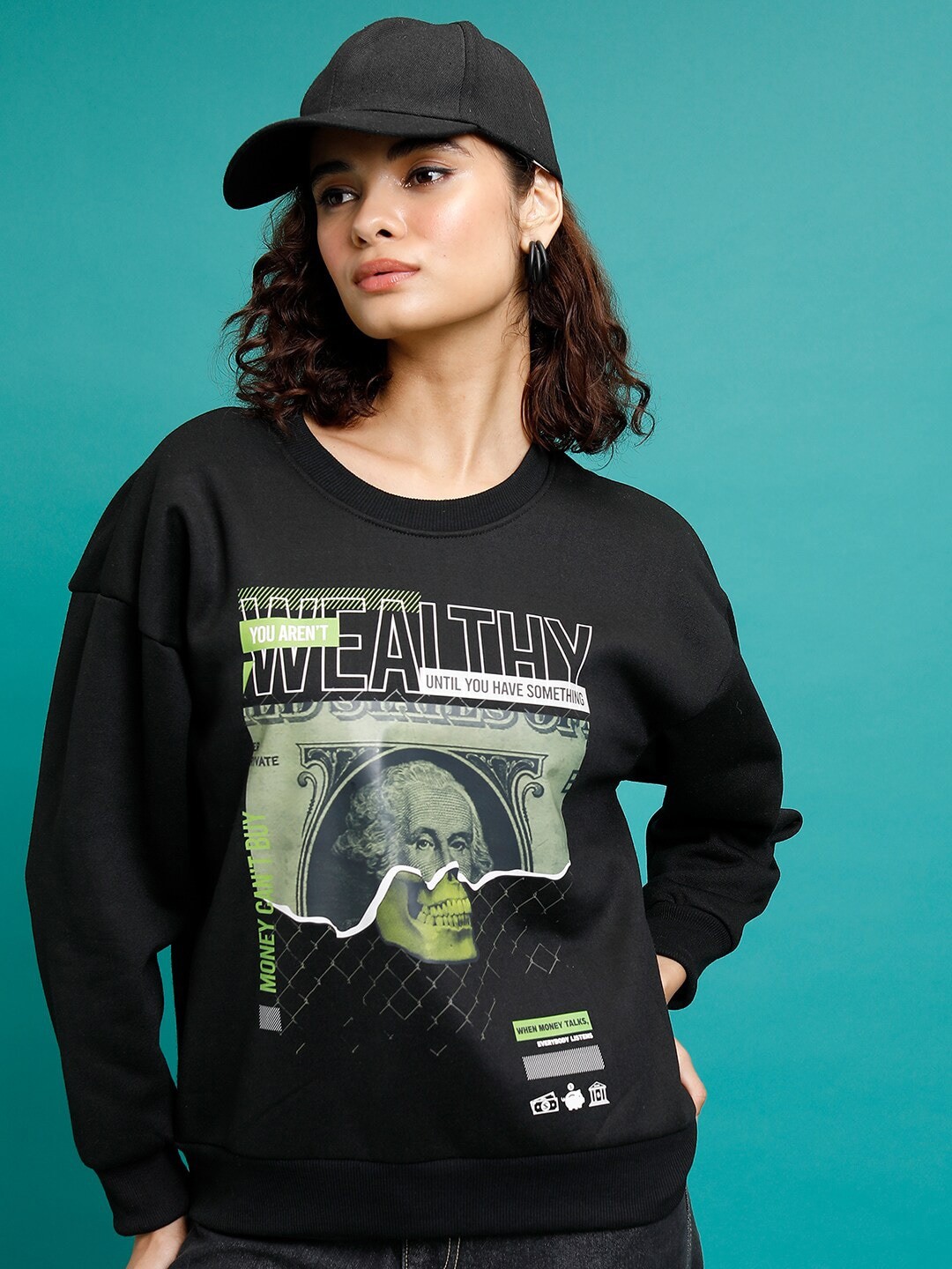 

Tokyo Talkies Black Graphic Printed Round Neck Oversized Pullover Sweatshirt