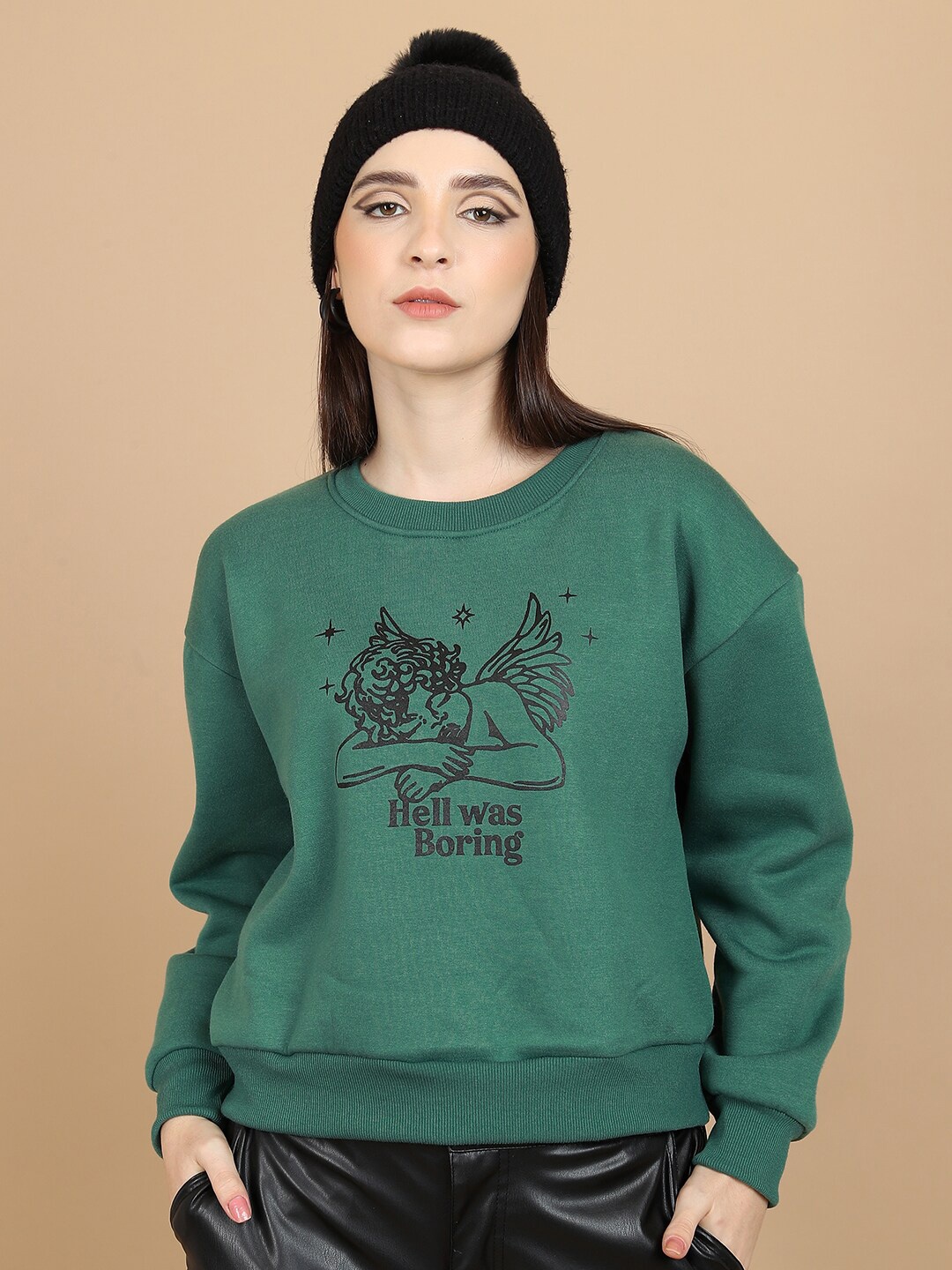 

Tokyo Talkies Green Graphic Printed Round Neck Oversized Pullover Sweatshirt