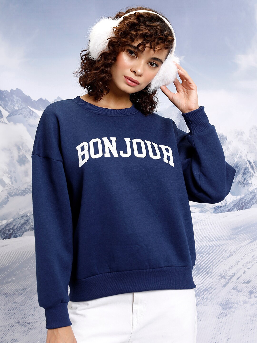 

Tokyo Talkies Navy Blue Graphic Printed Round Neck Oversized Pullover Sweatshirt