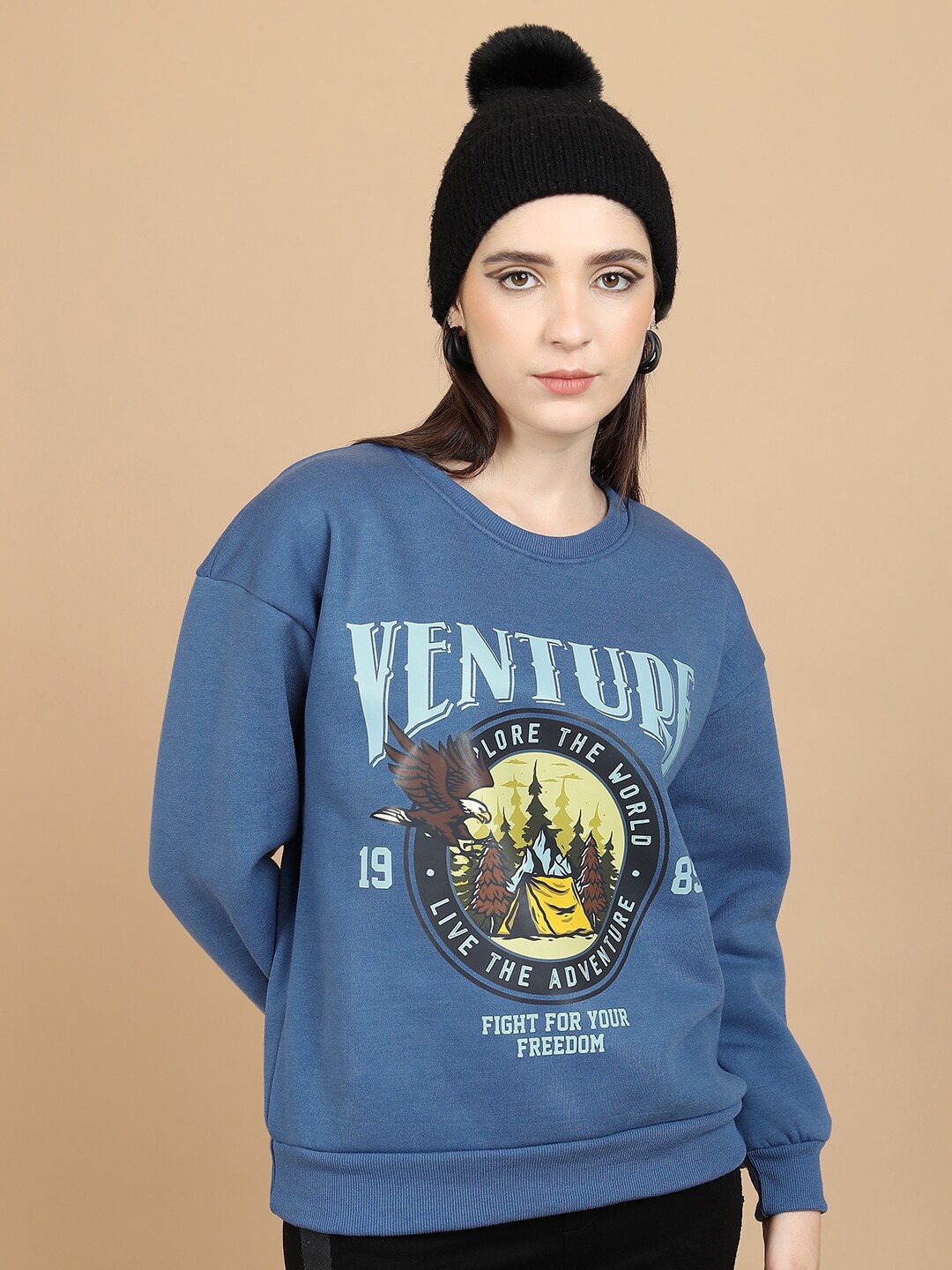 

Tokyo Talkies Blue Typography Printed Round Neck Oversized Pullover Sweatshirt