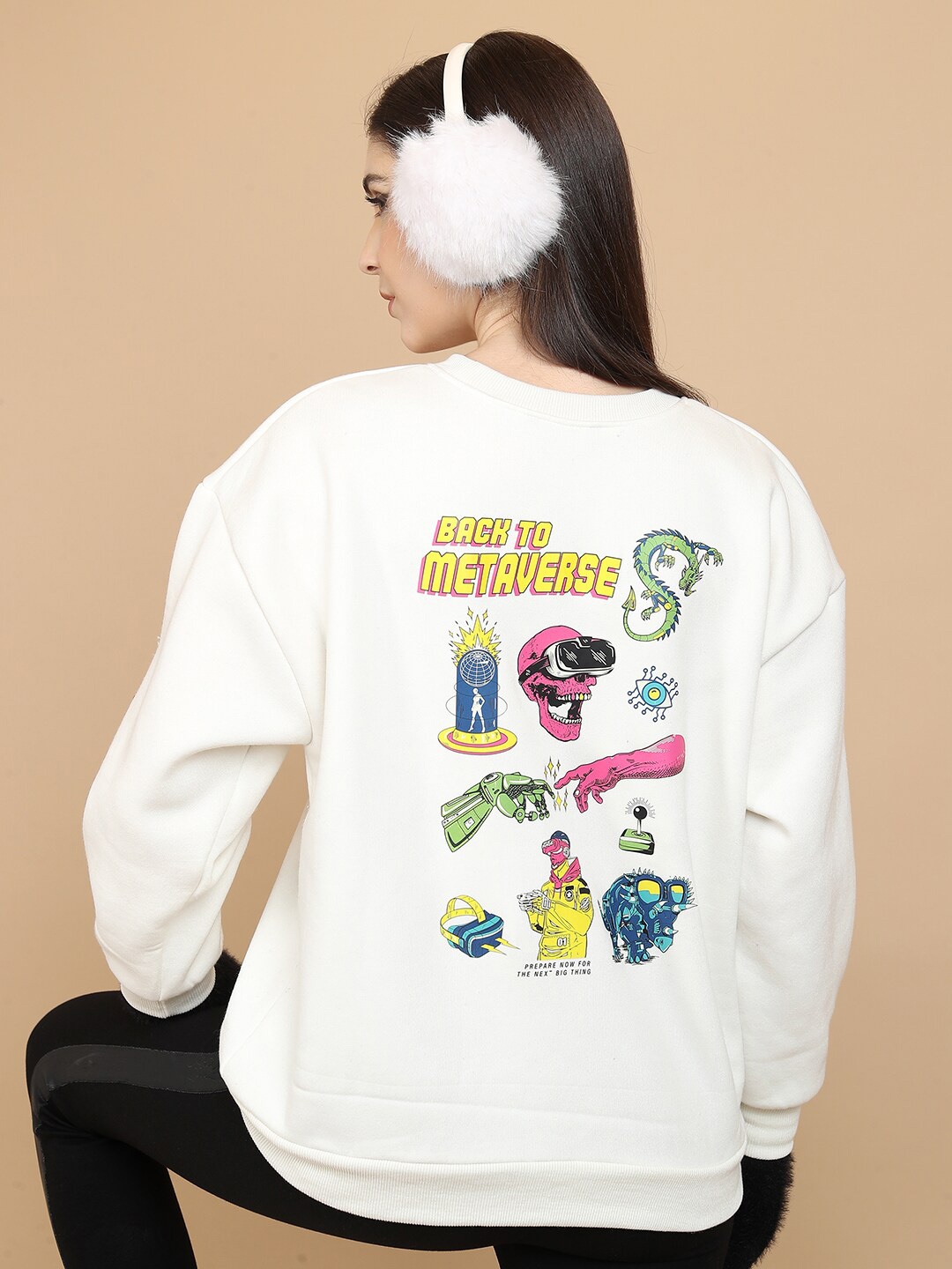 

Tokyo Talkies White Graphic Printed Round Neck Oversized Pullover Sweatshirt