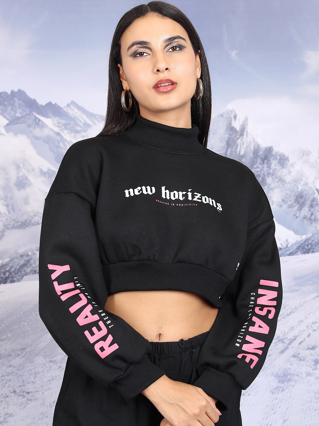 

Tokyo Talkies Black Typography Printed Oversized Crop Pullover