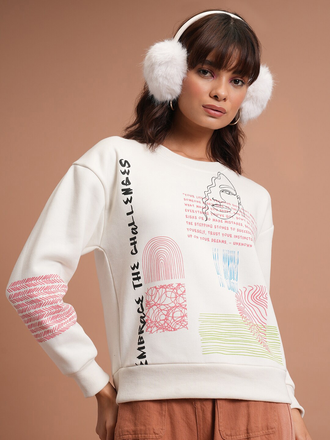 

Tokyo Talkies White Printed Pullover Sweatshirt