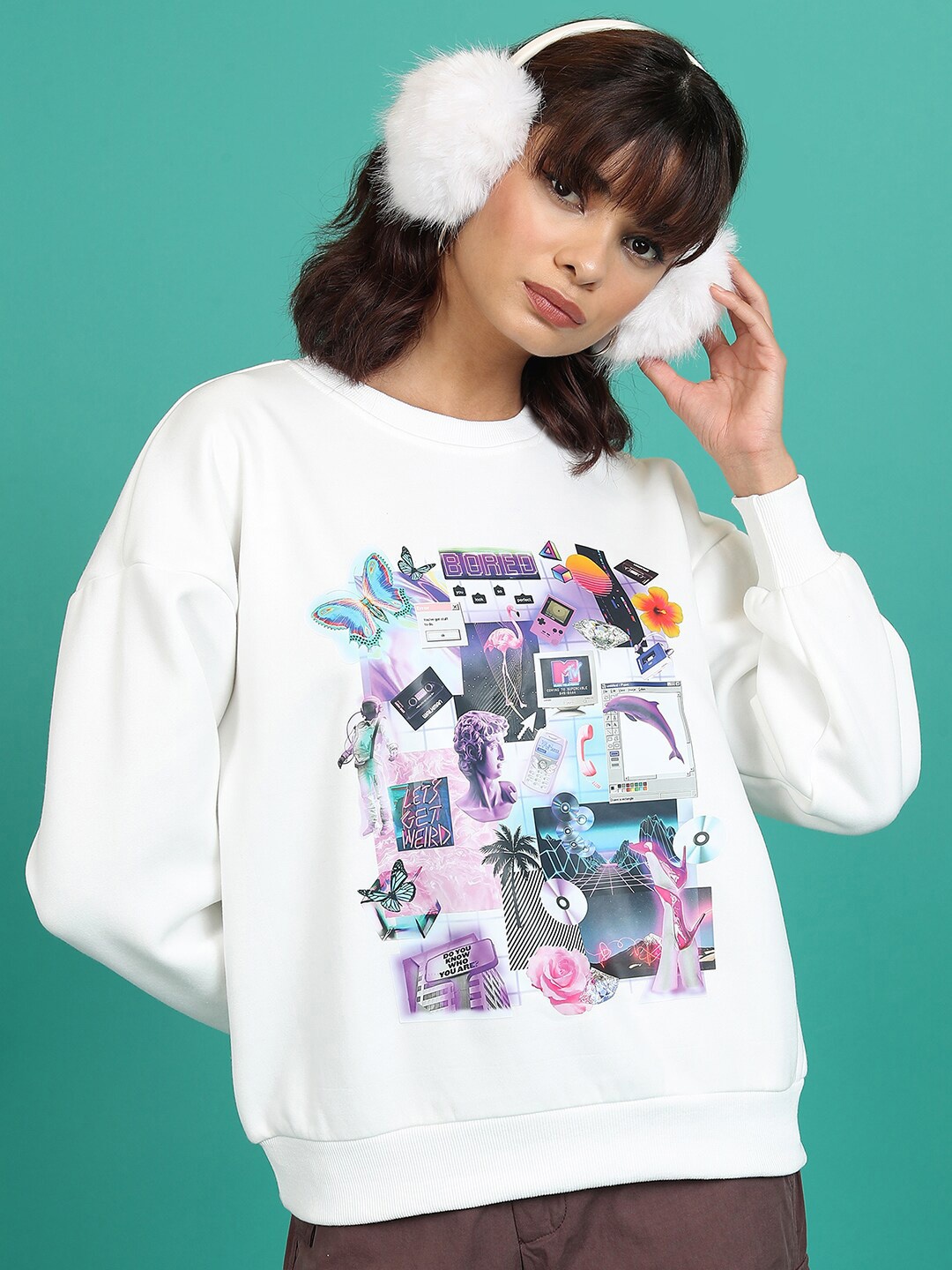 

Tokyo Talkies White Graphic Printed Oversized Pullover Sweatshirts