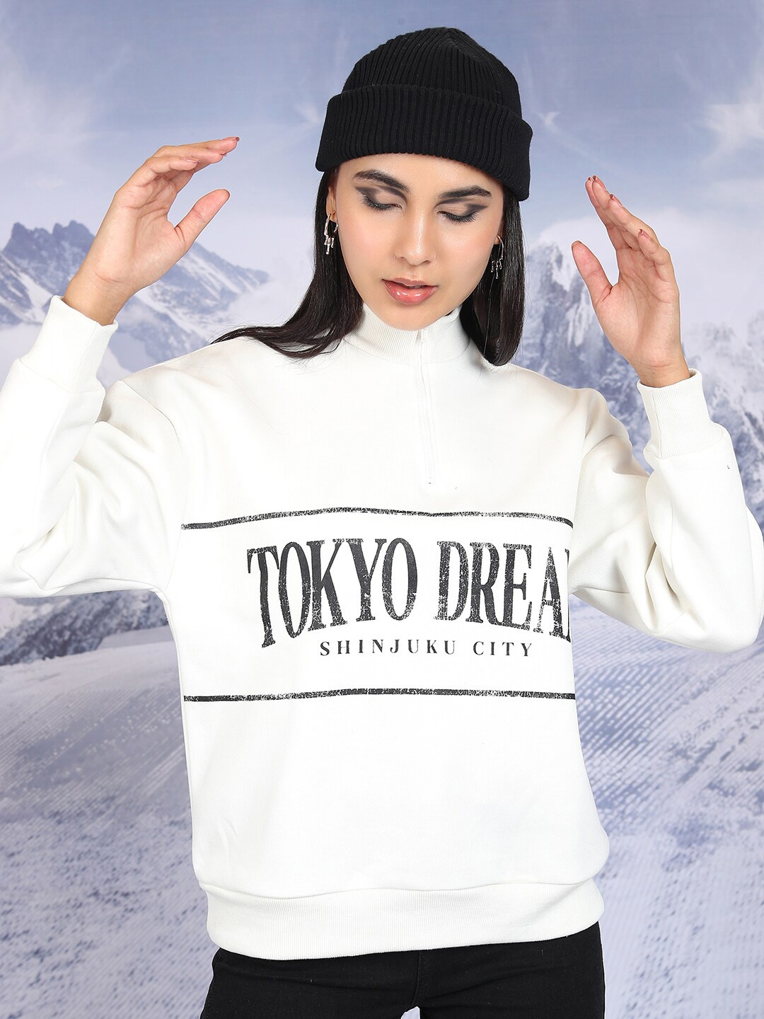 

Tokyo Talkies White Typography Printed Mock Collar Oversized Pullover Sweatshirts