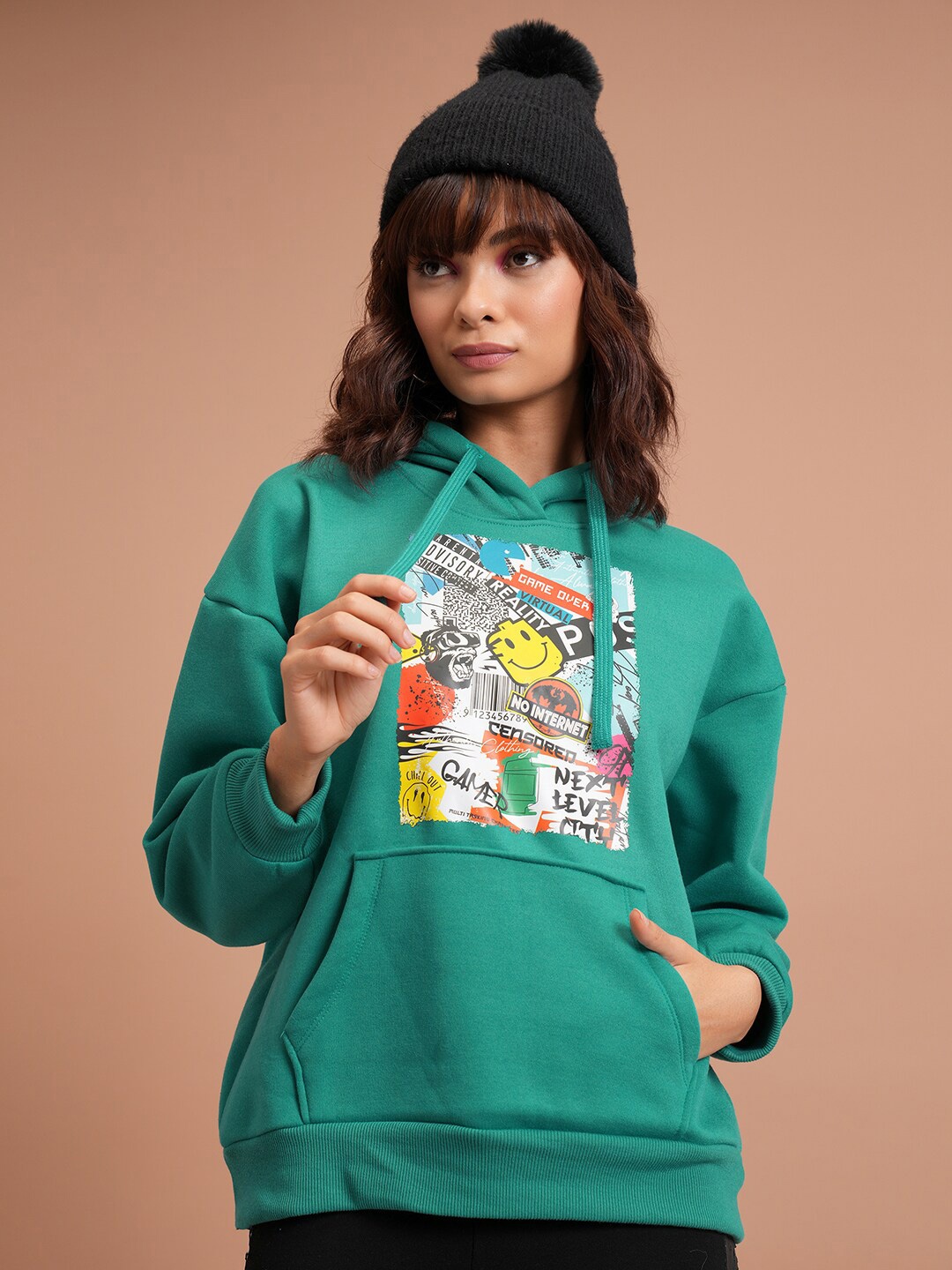 

Tokyo Talkies Teal Graphic Printed Hooded Oversized Pullover Sweatshirt