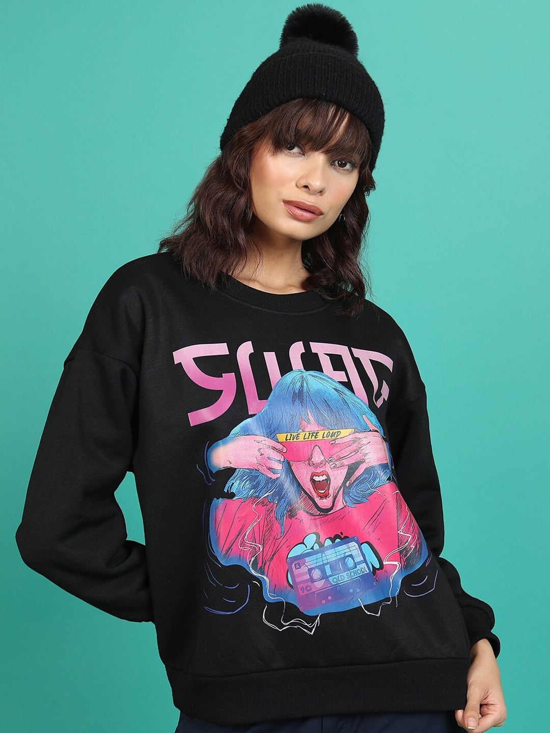 

Tokyo Talkies Black Cyberpunk Printed Oversized Pullover Sweatshirt