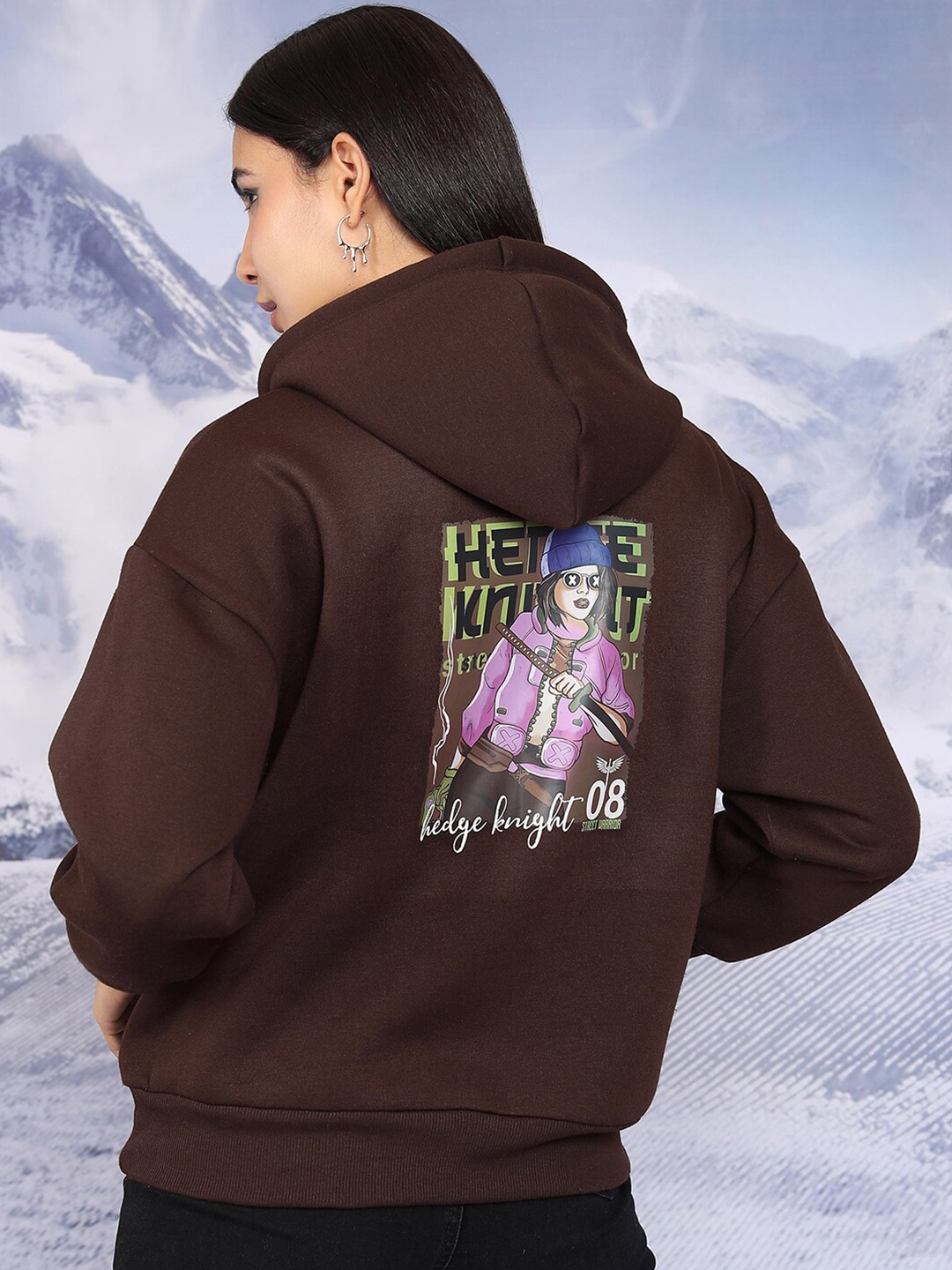 

Tokyo Talkies Graphic Printed Hooded Oversized Pullover Sweatshirt, Brown