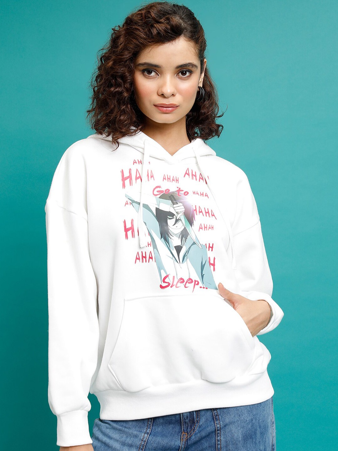 

Tokyo Talkies White Graphic Printed Hooded Oversized Sweatshirt